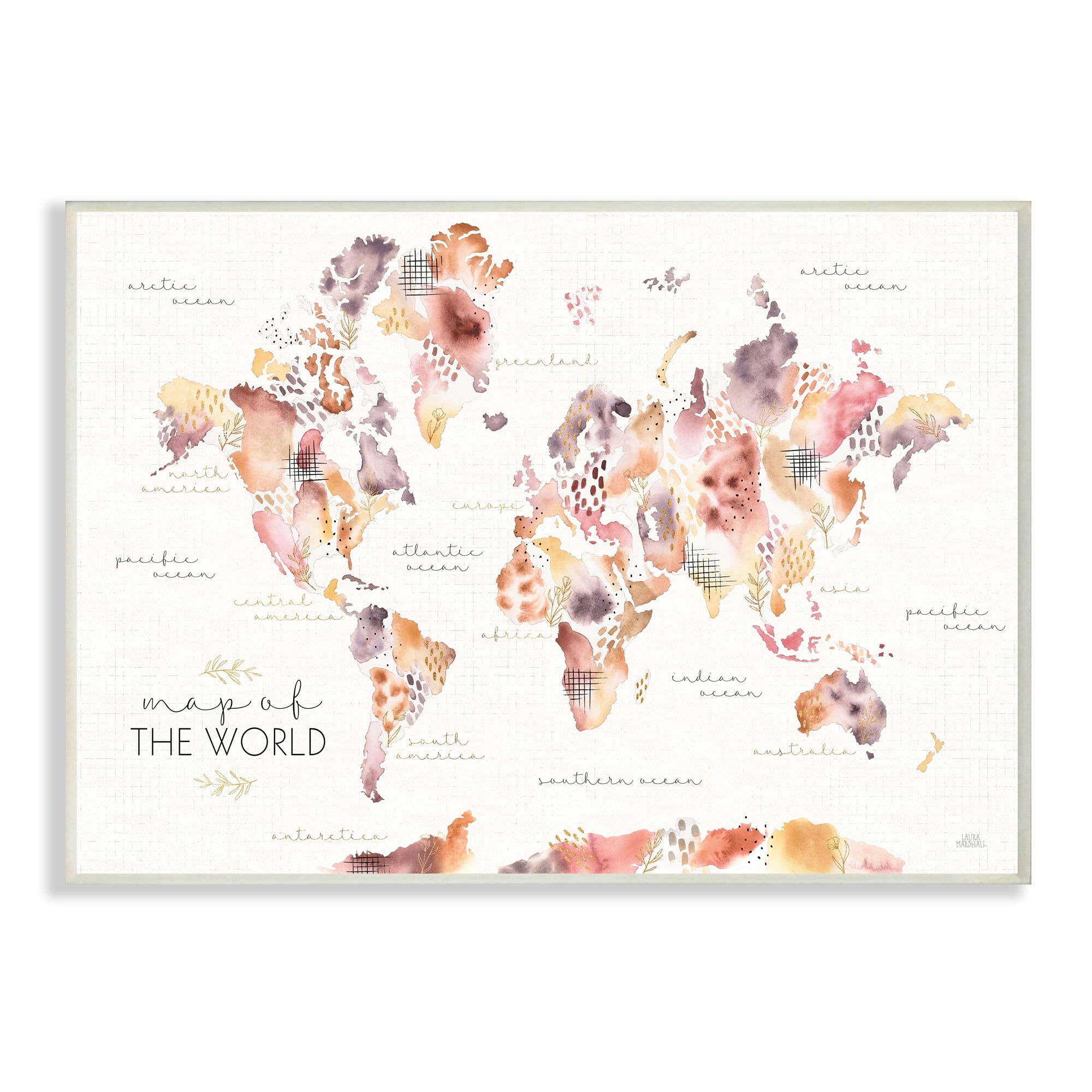 Stupell Industries Abstract Floral World Map Watercolor Pink Purple Wall Plaque by Laura Marshall