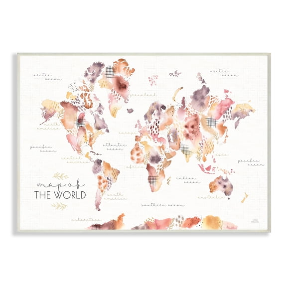 Stupell Industries Abstract Floral World Map Watercolor Pink Purple Wall Plaque by Laura Marshall