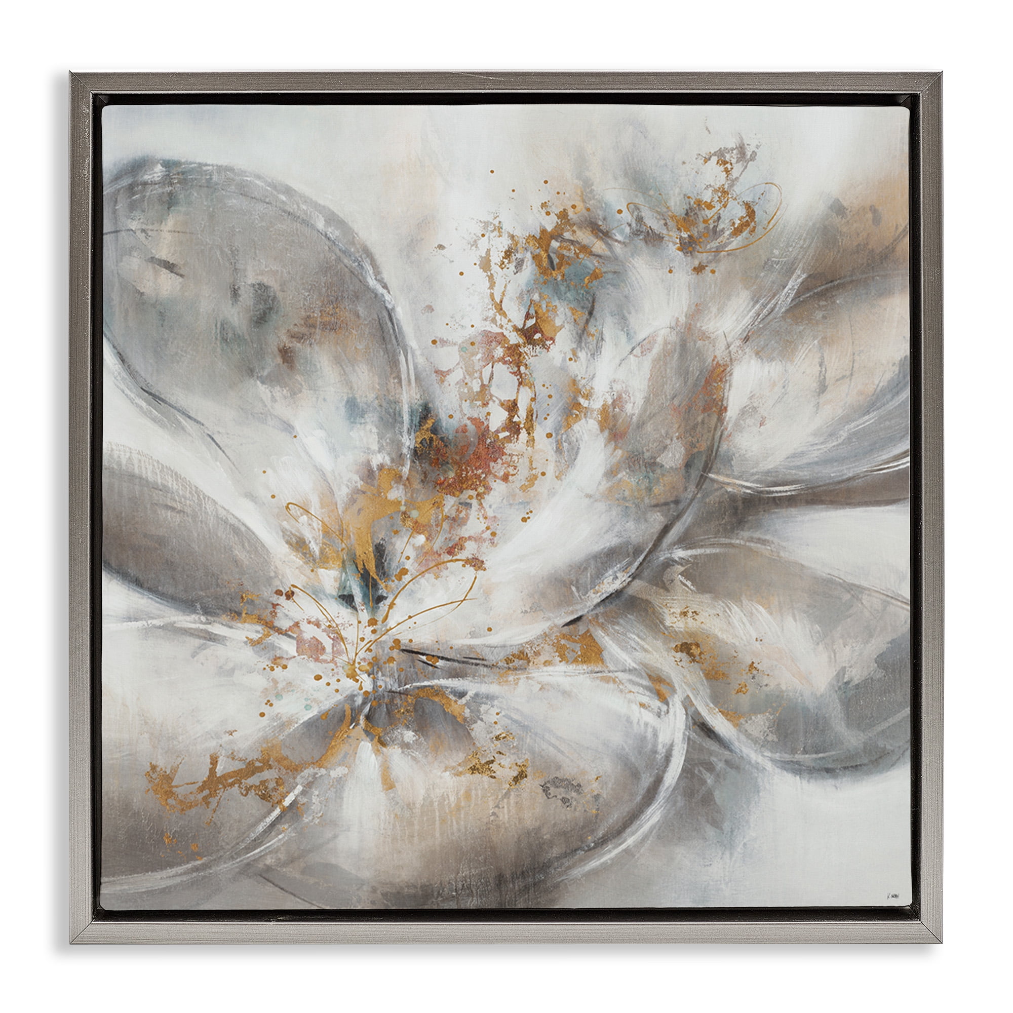 Stupell Industries Abstract Flower Bloom Painting Botanical & Floral Painting Gray Floater Framed Canvas Art Print Wall Art, 25 x 25