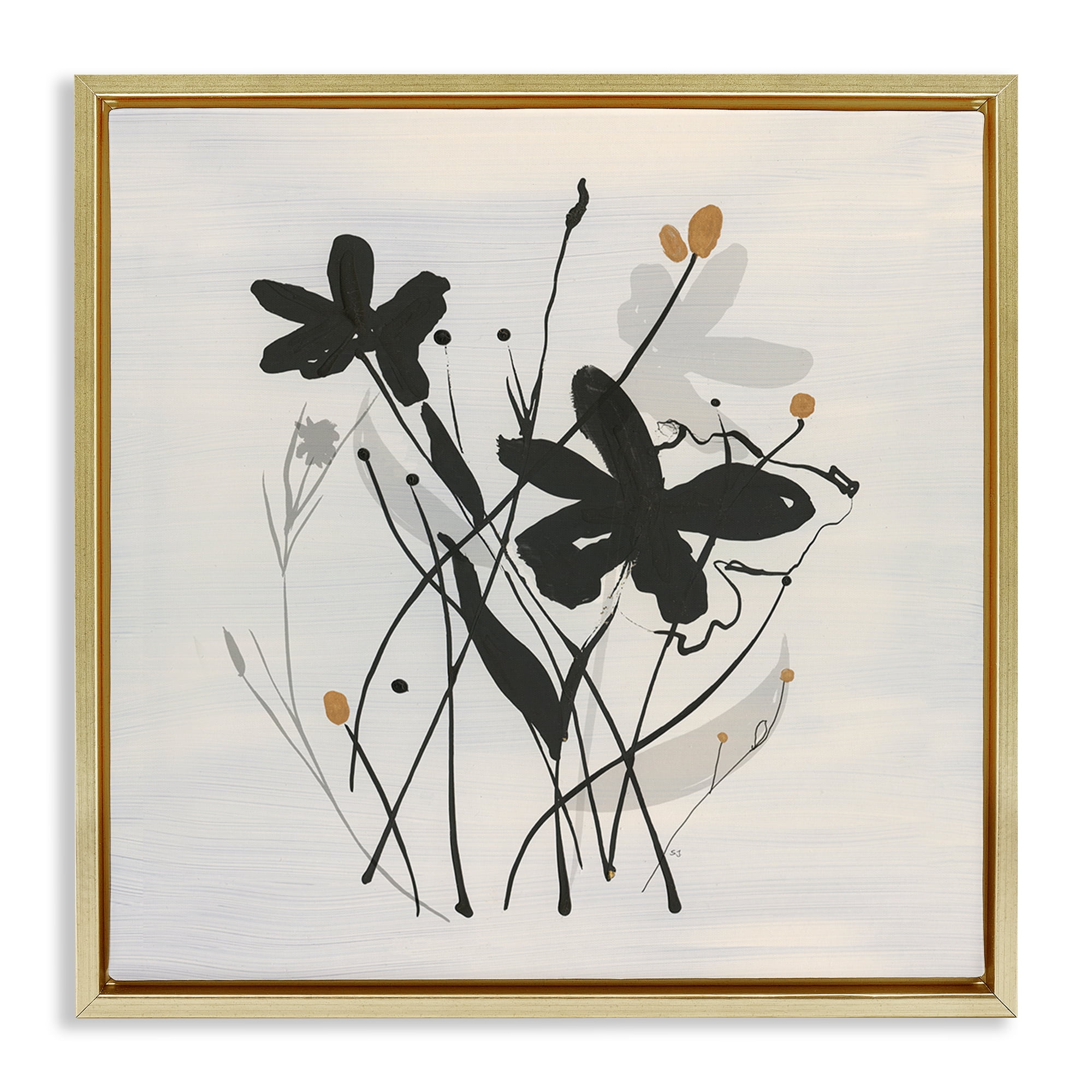Stupell Industries Abstract Flower Squiggles Plants & Flowers Painting Gold Floater Framed Canvas Art Print Wall Art, 25 x 25