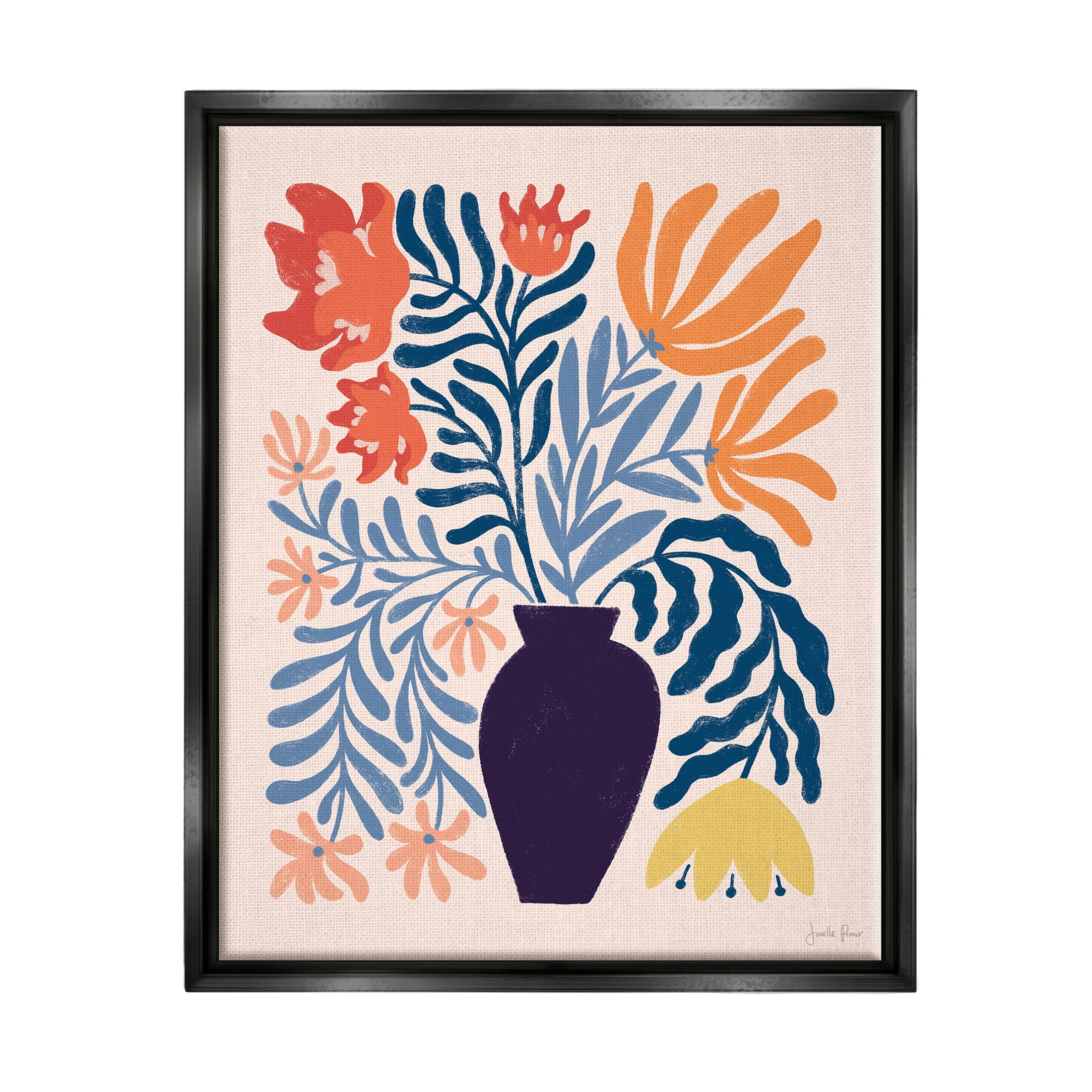 Stupell Industries Abstract Flower Vase Modern Silhouettes Graphic Art Jet Black Floating Framed Canvas Print Wall Art, Design by Janelle Penner