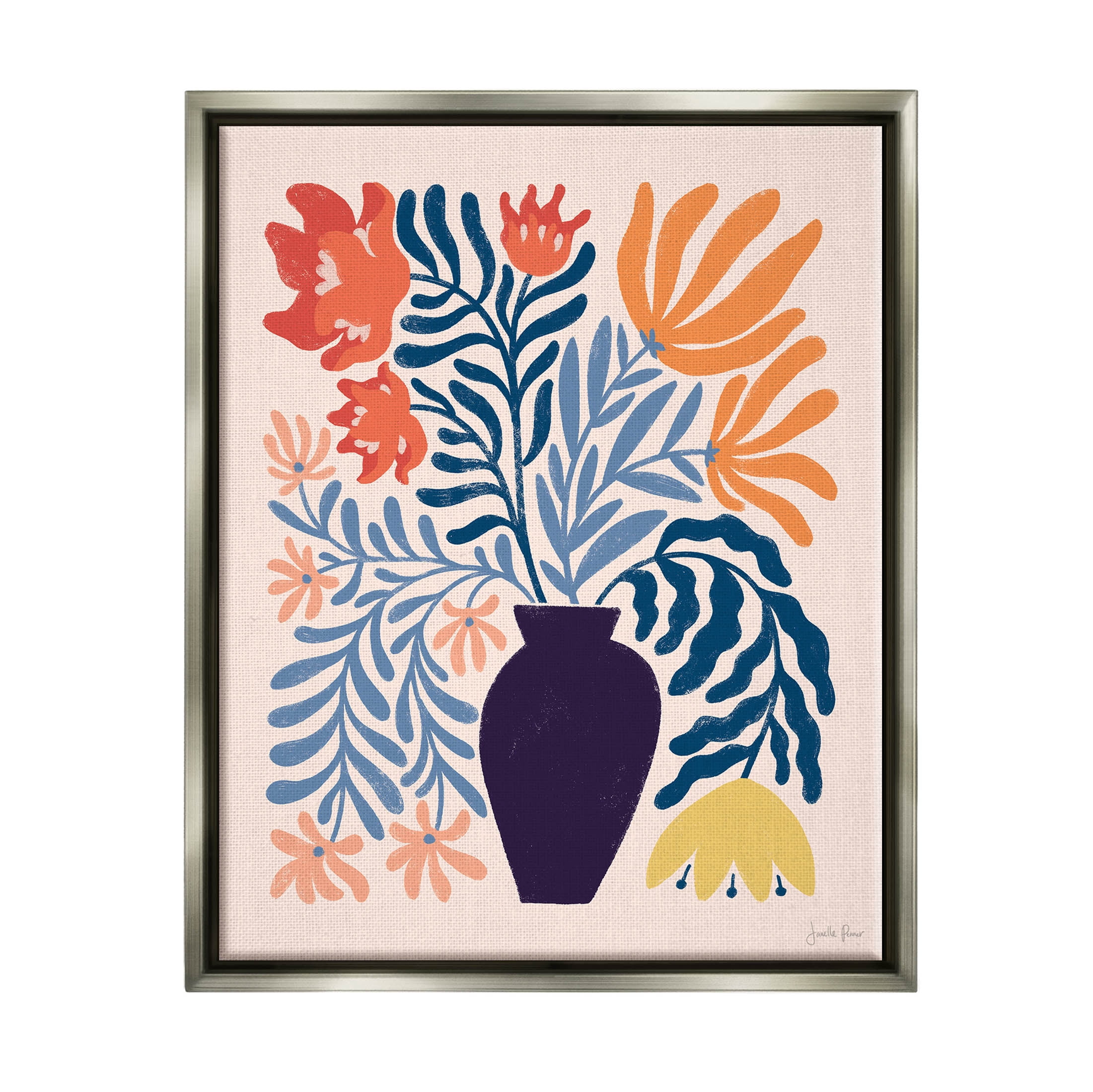 Stupell Industries Abstract Flower Vase Modern Silhouettes Graphic Art Luster Gray Floating Framed Canvas Print Wall Art, Design by Janelle Penner
