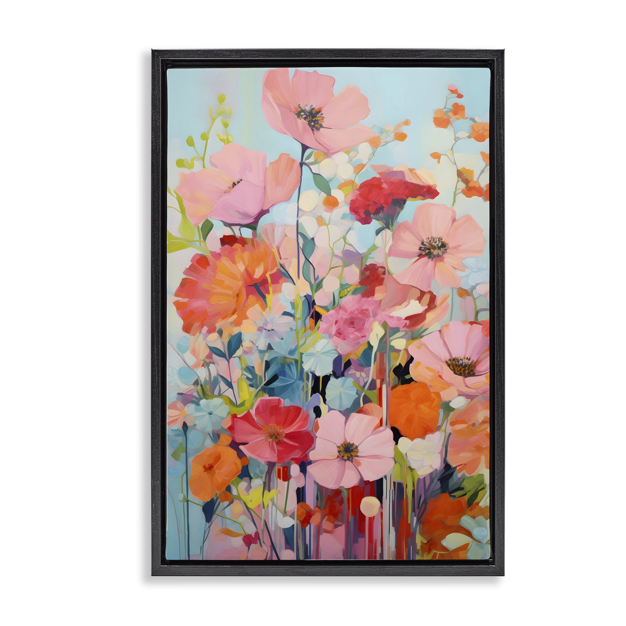 Stupell Industries Abstract Flowers on Blue Plants & Flowers Painting Black Floater Framed Canvas Art Print Wall Art, 21 x 31