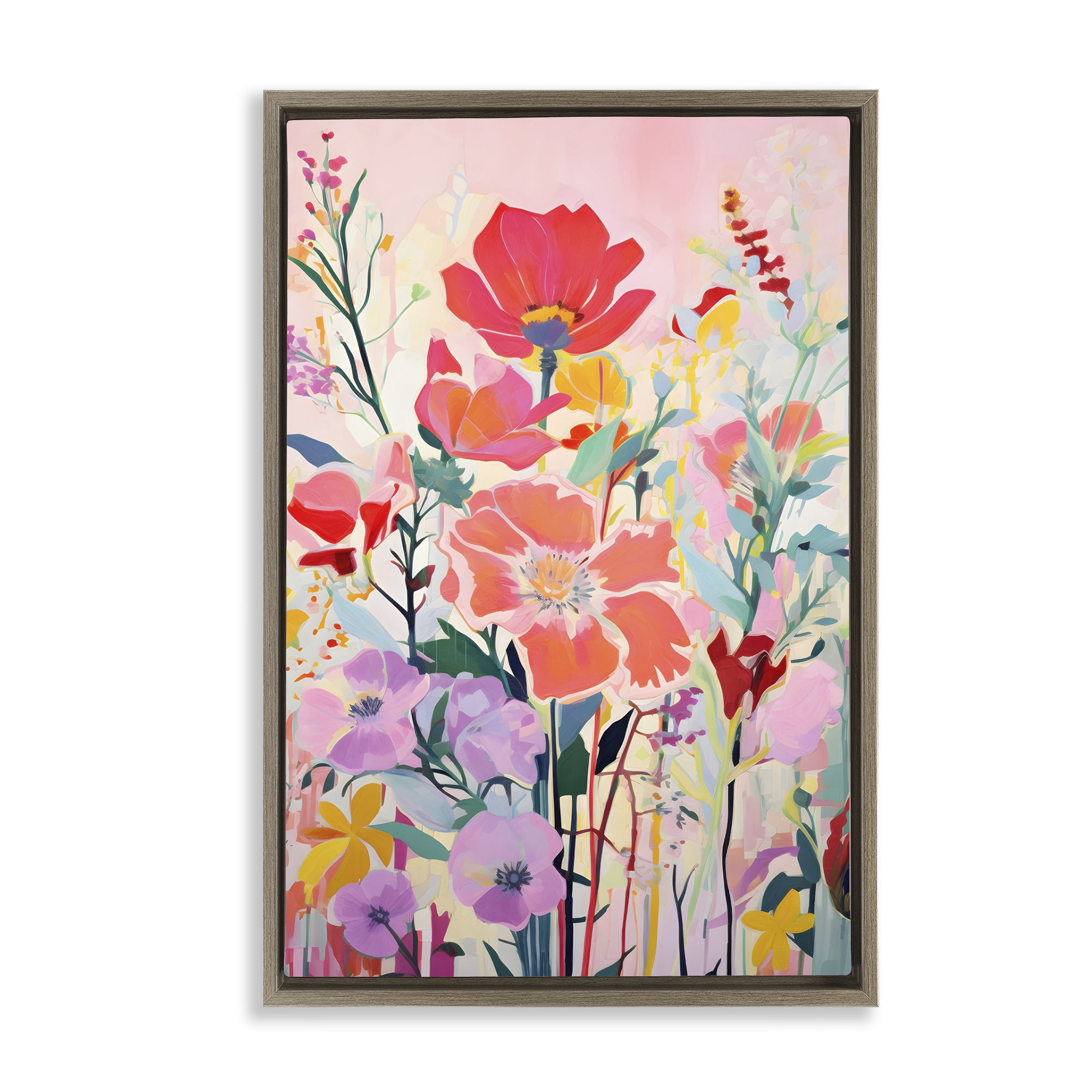 Stupell Industries Abstract Flowers on Pink Plants & Flowers Painting Brown Floater Framed Canvas Art Print Wall Art, 21 x 31