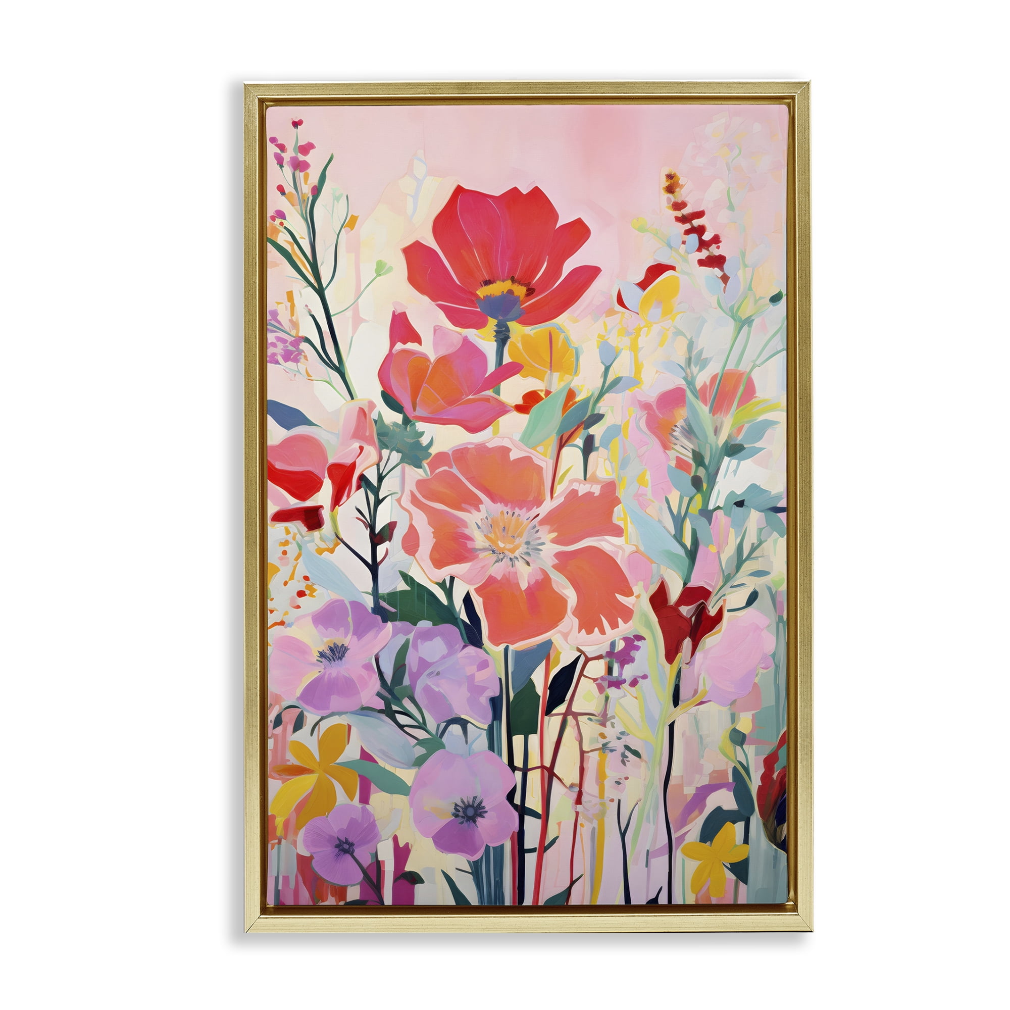 Stupell Industries Abstract Flowers on Pink Plants & Flowers Painting Gold Floater Framed Canvas Art Print Wall Art, 17 x 25