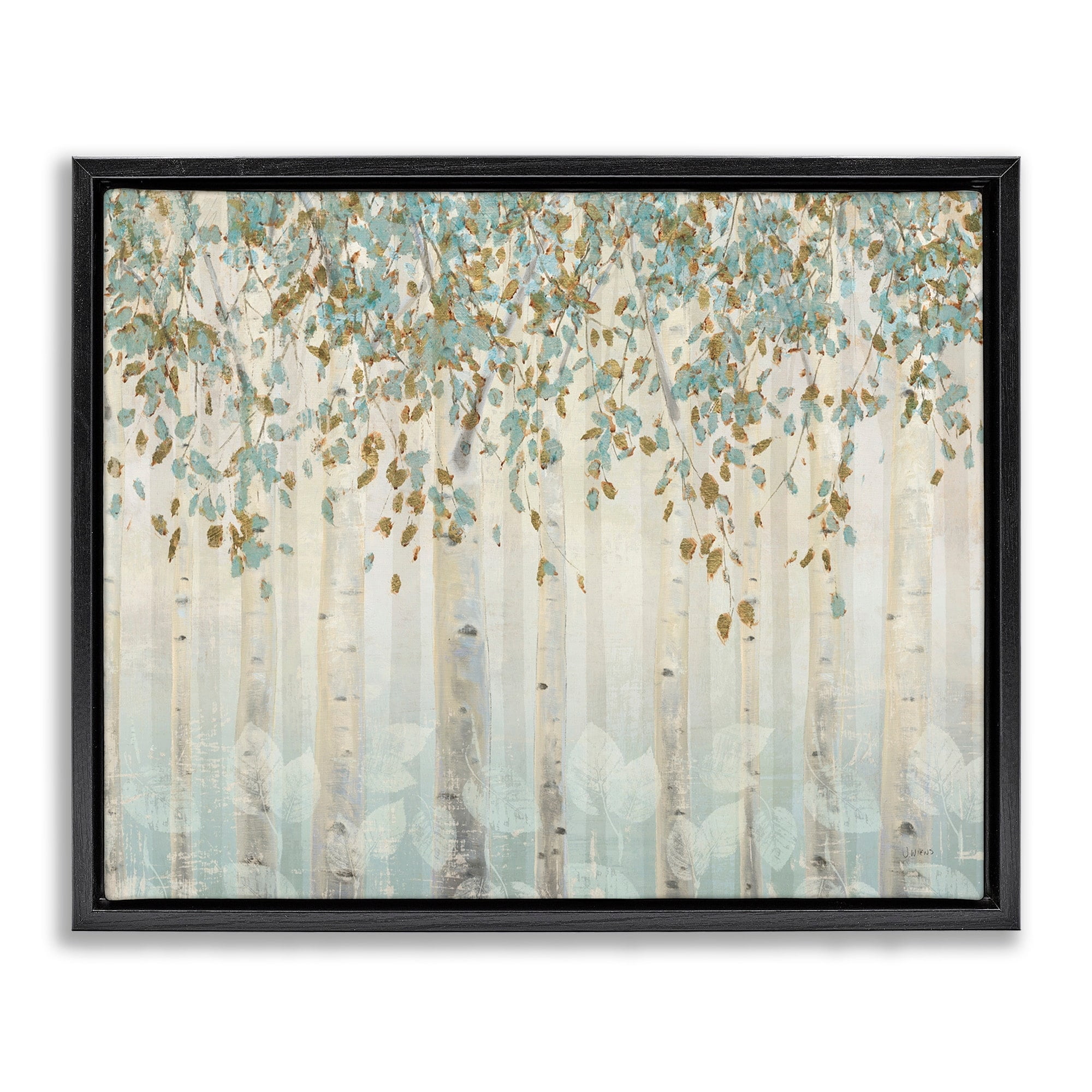 Stupell Industries Abstract Forest Leaves Trees Blue Tan Soft Painting Jet Black Framed Floating Canvas Wall Art, 16x20, by James Wiens
