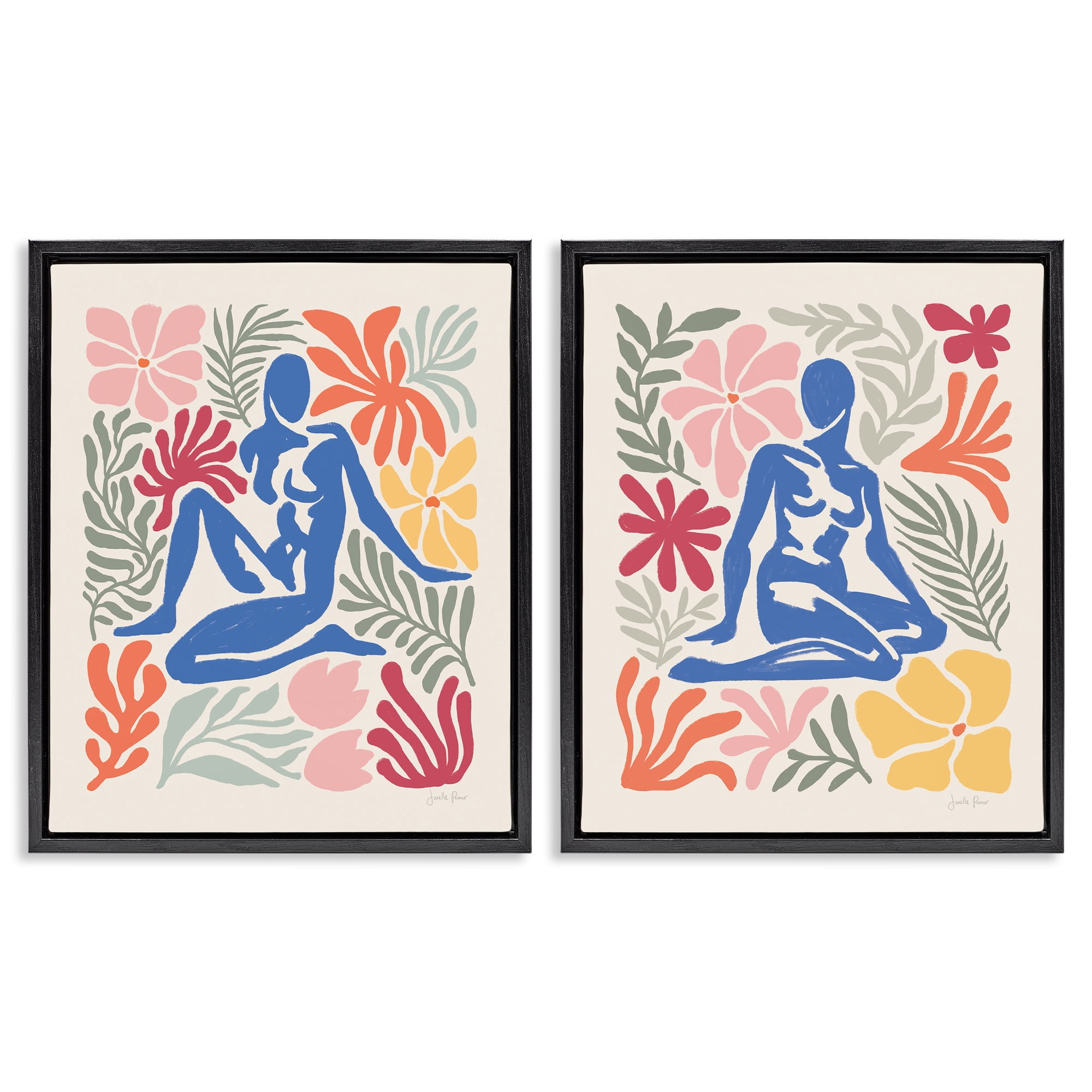 Stupell Industries Abstract Garden Female Figure People Painting Black Floater Framed Canvas Art Print Wall Art, 31 x 25, Set of 2