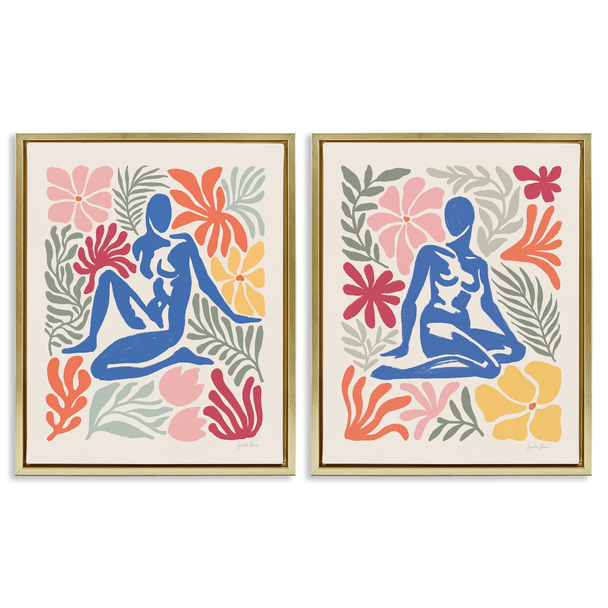 Stupell Industries Abstract Garden Female Figure People Painting Gold Floater Framed Canvas Art Print Wall Art, 17 x 21, Set of 2