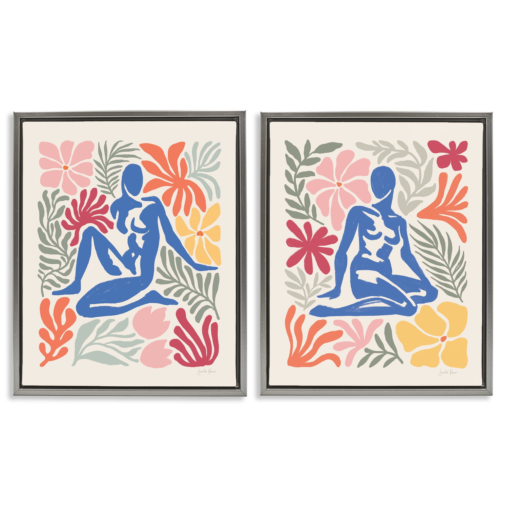 Stupell Industries Abstract Garden Female Figure People Painting Gray Floater Framed Canvas Art Print Wall Art, 31 x 25, Set of 2