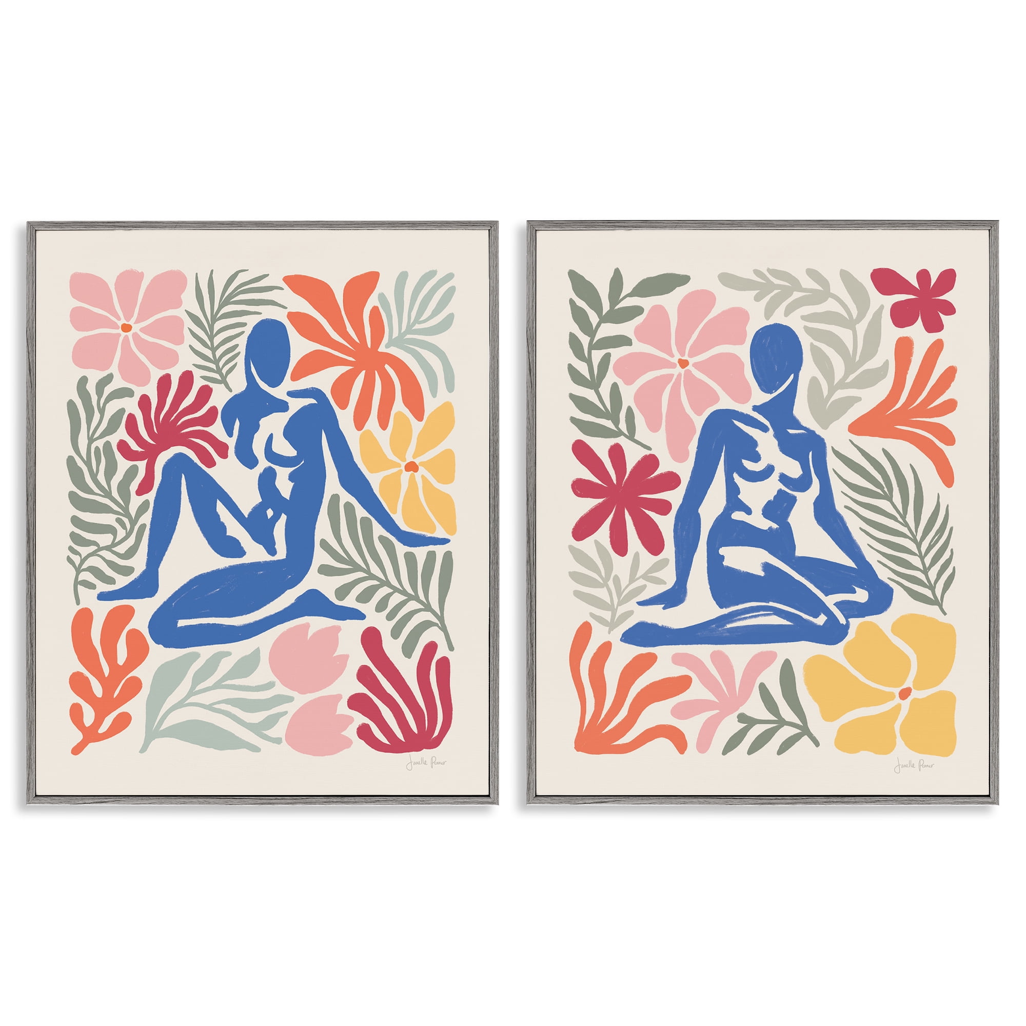 Stupell Industries Abstract Garden Female Figure People Painting Gray Framed Art Print Wall Art, 24 x 30, Set of 2