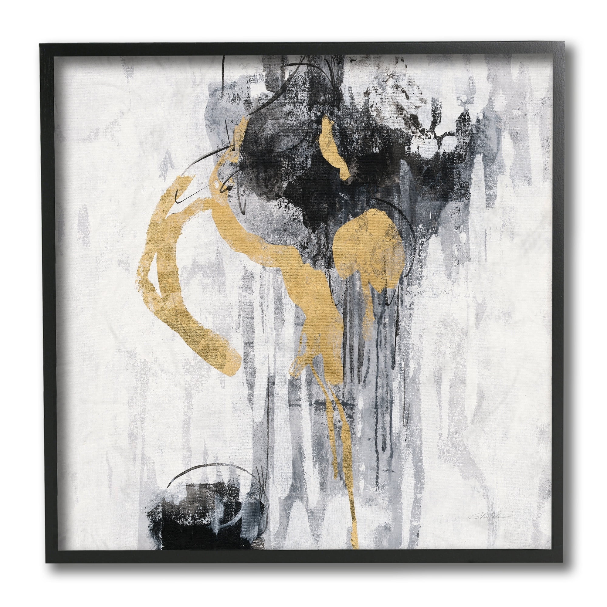 Stupell Industries Abstract Gold Black Rain Modern Distressed Design Black Framed, 12 x 12, Design by Silvia Vassileva