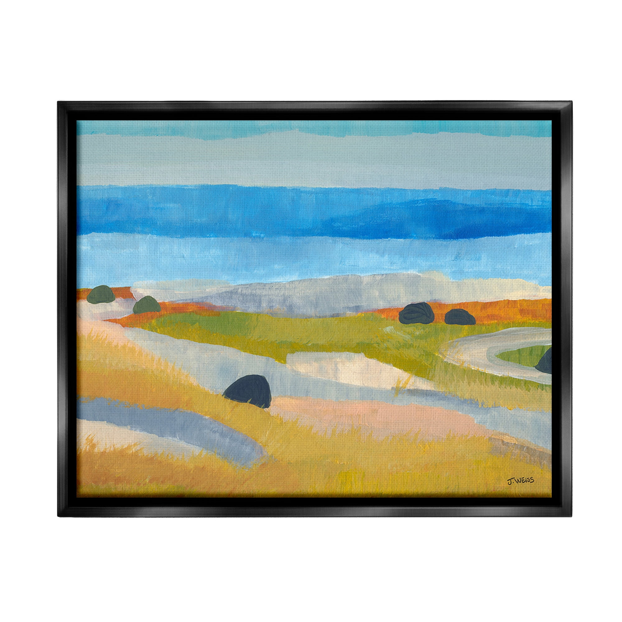 Stupell Industries Abstract Grassland & Beach Landscape Painting Black Floater Framed Canvas Art Print Wall Art, 21 x 17