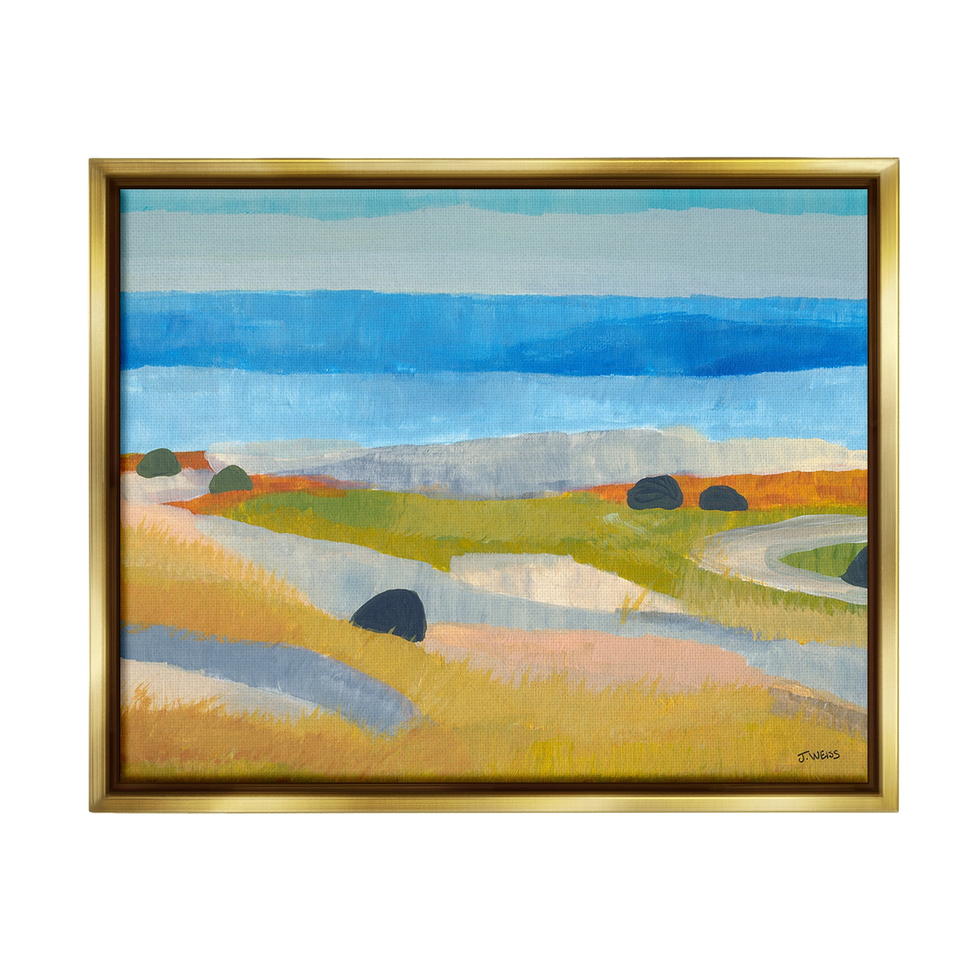 Stupell Industries Abstract Grassland & Beach Landscape Painting Gold Floater Framed Canvas Art Print Wall Art, 21 x 17