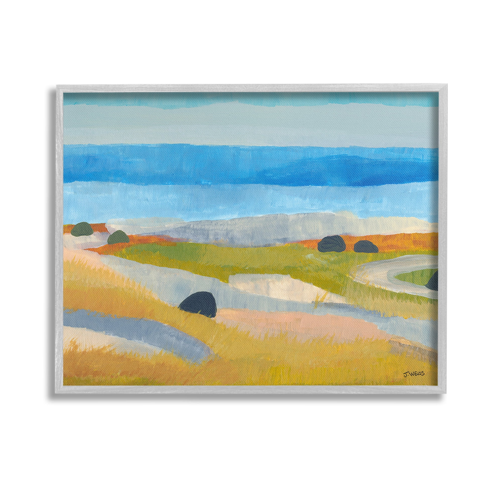 Stupell Industries Abstract Grassland & Beach Landscape Painting Gray Framed Art Print Wall Art, 14 x 11