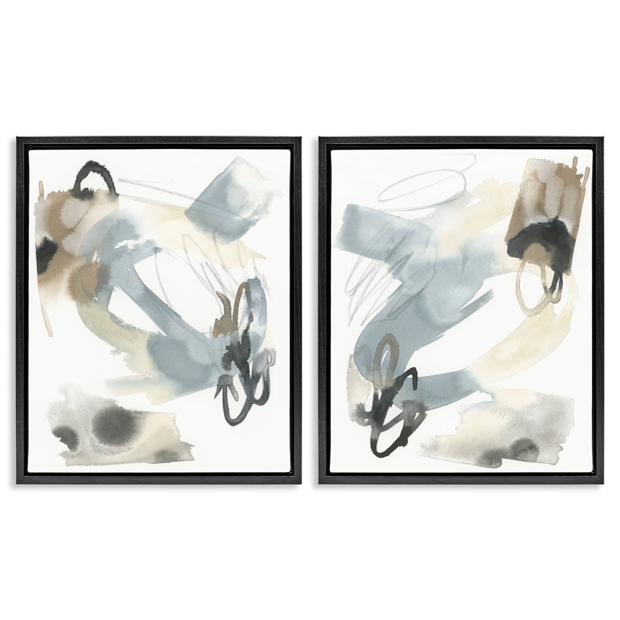 Stupell Industries Abstract Gray Brown Watercolor Abstract Painting Black Floater Framed Canvas Art Print Wall Art, 17 x 21, Set of 2
