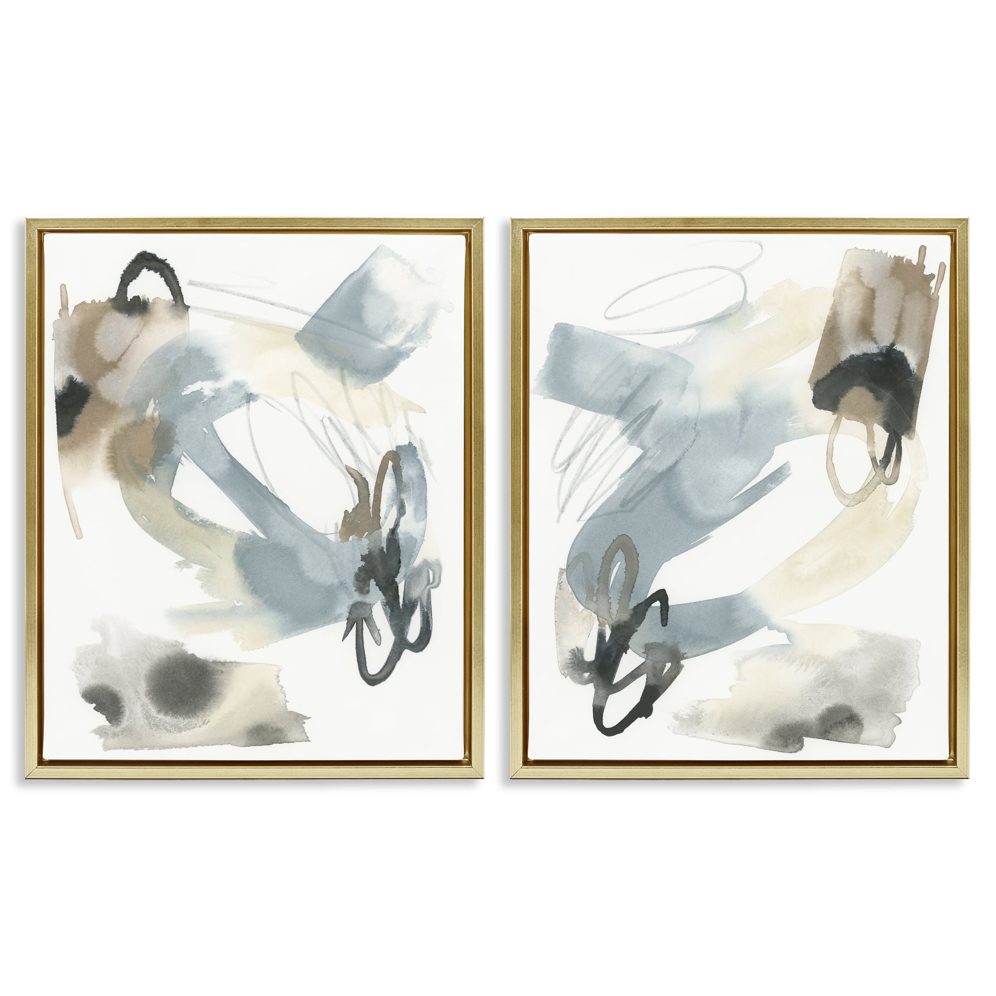 Stupell Industries Abstract Gray Brown Watercolor Abstract Painting Gold Floater Framed Canvas Art Print Wall Art, 17 x 21, Set of 2