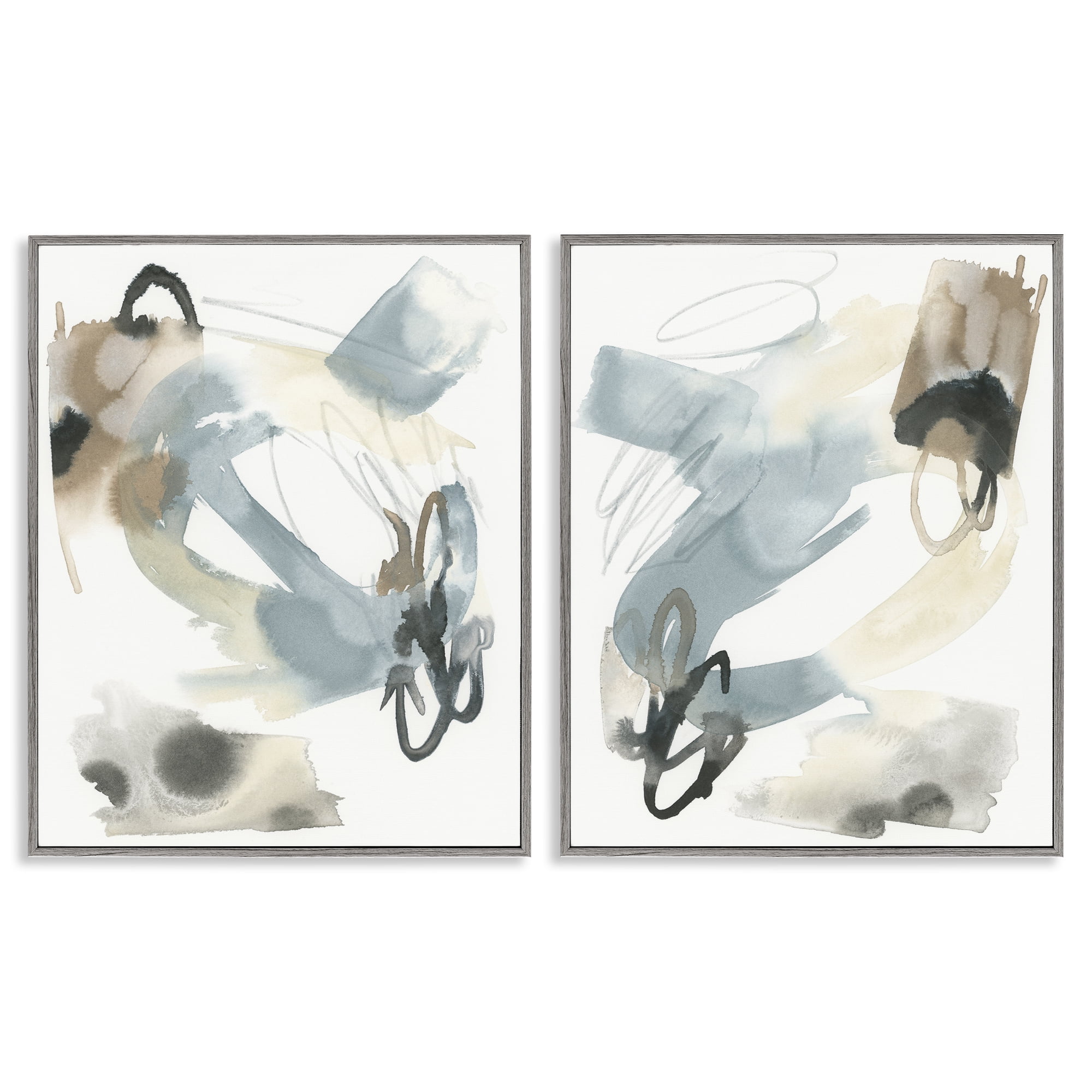 Stupell Industries Abstract Gray Brown Watercolor Abstract Painting Gray Framed Art Print Wall Art, 16 x 20, Set of 2