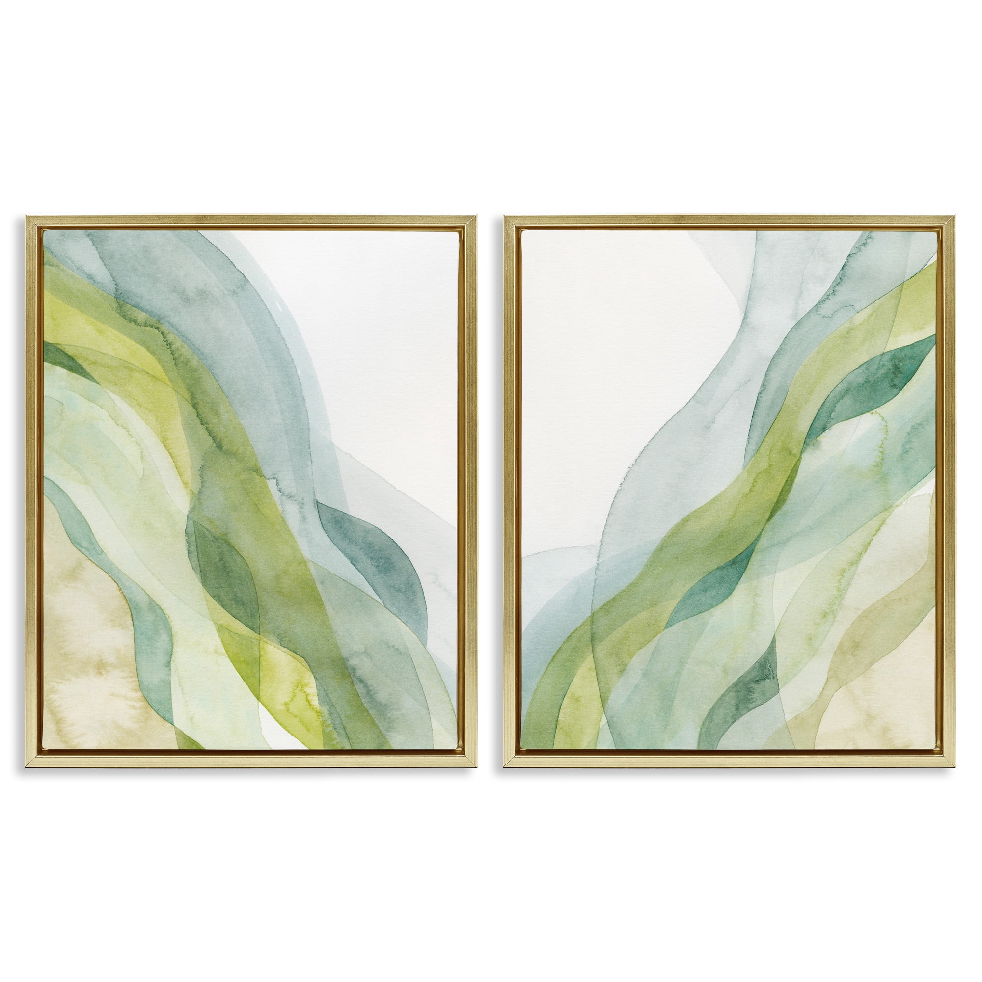 Stupell Industries Abstract Green Waves Abstract Painting Gold Floater Framed Canvas Art Print Wall Art, 25 x 31, Set of 2