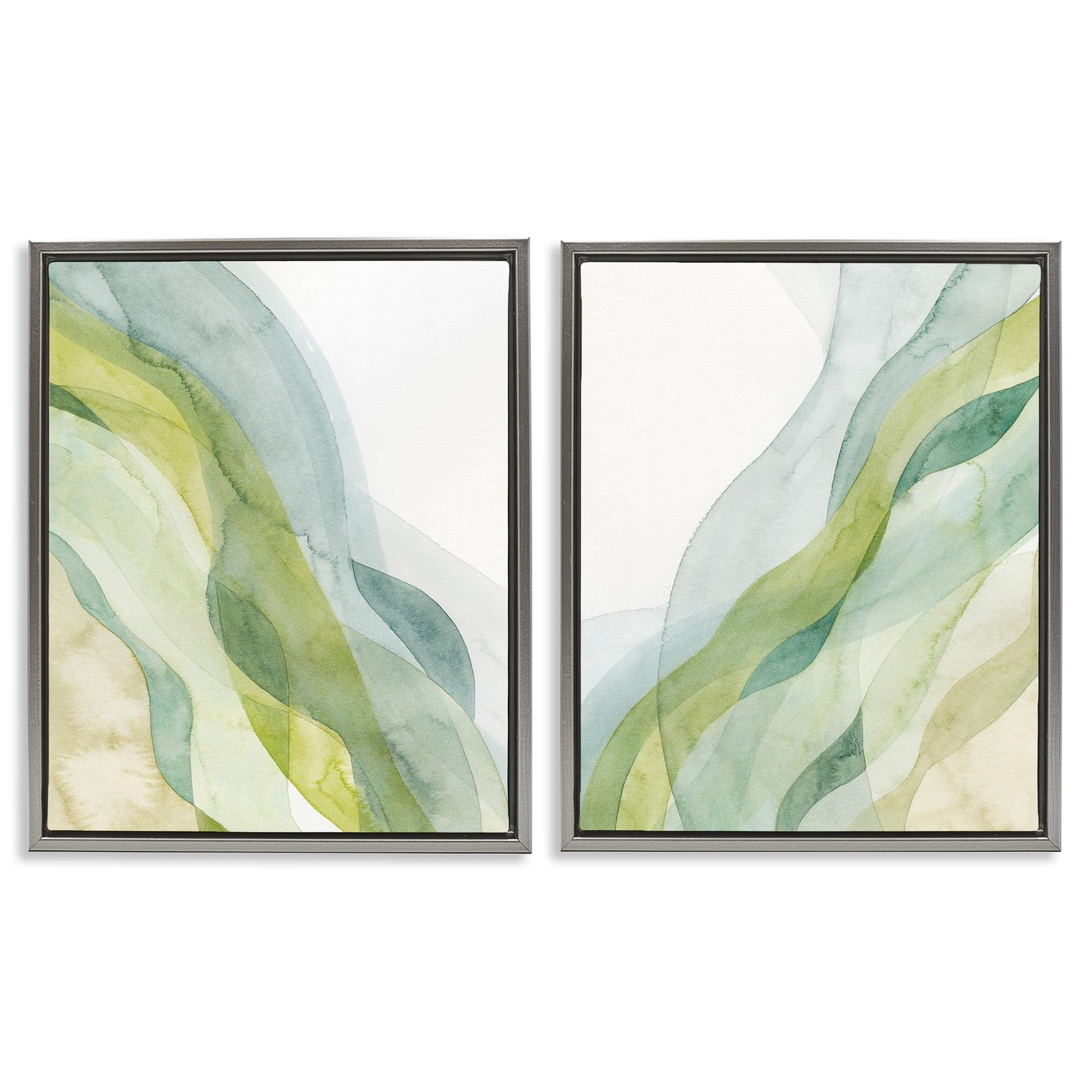 Stupell Industries Abstract Green Waves Abstract Painting Gray Floater Framed Canvas Art Print Wall Art, 25 x 31, Set of 2