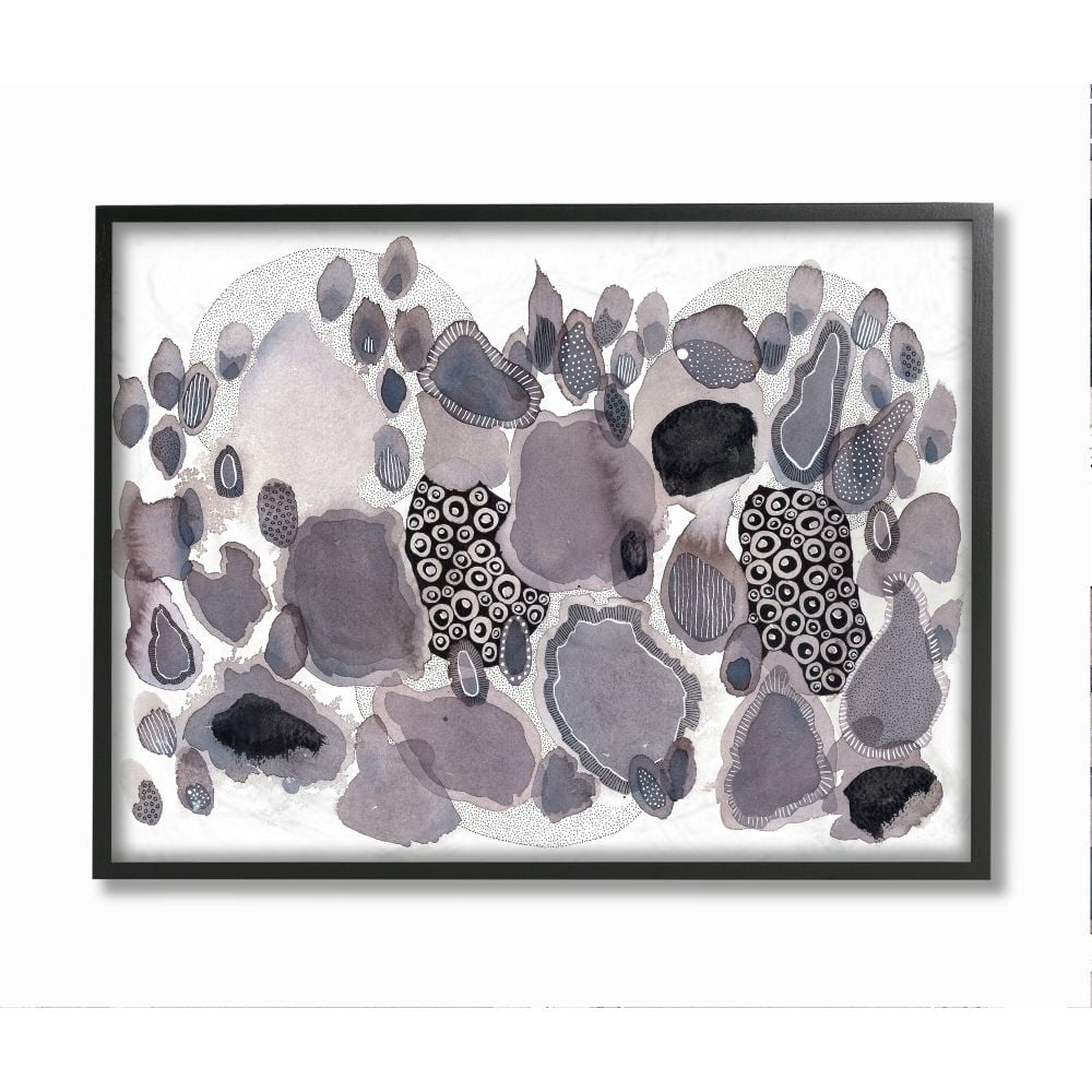 Stupell Industries Abstract Grey Black Watercolor Drip Circular Design Abstract Painting Black Framed Art Print Wall Art, 16 x 20