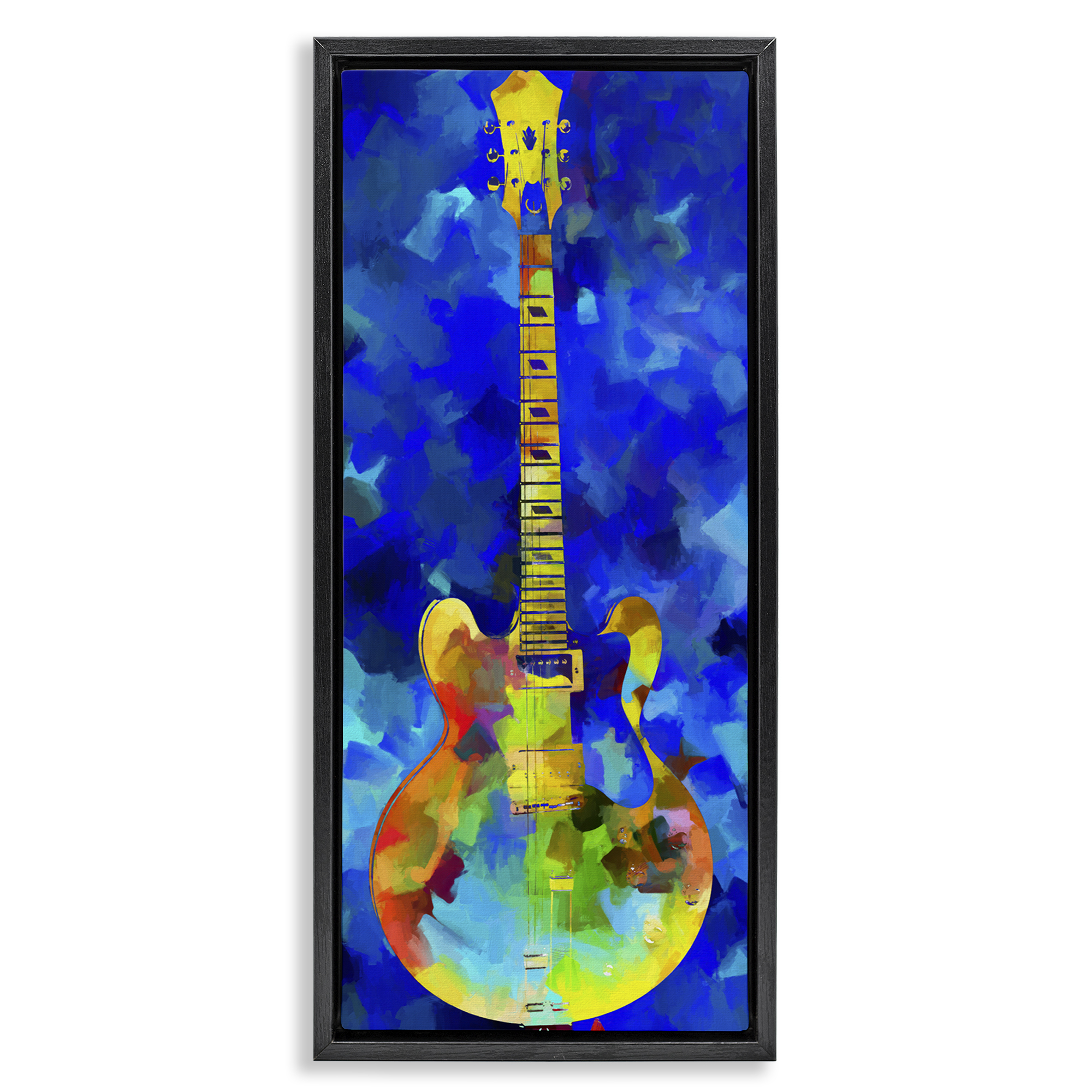 Stupell Industries Abstract Guitar on Blue Entertainment Painting Black Floater Framed Canvas Art Print Wall Art, 14 x 31