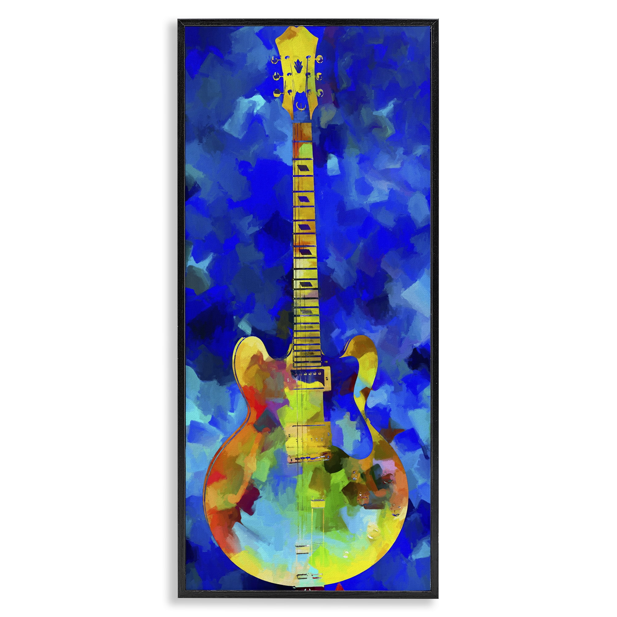 Stupell Industries Abstract Guitar on Blue Entertainment Painting Black Framed Art Print Wall Art, 13 x 30