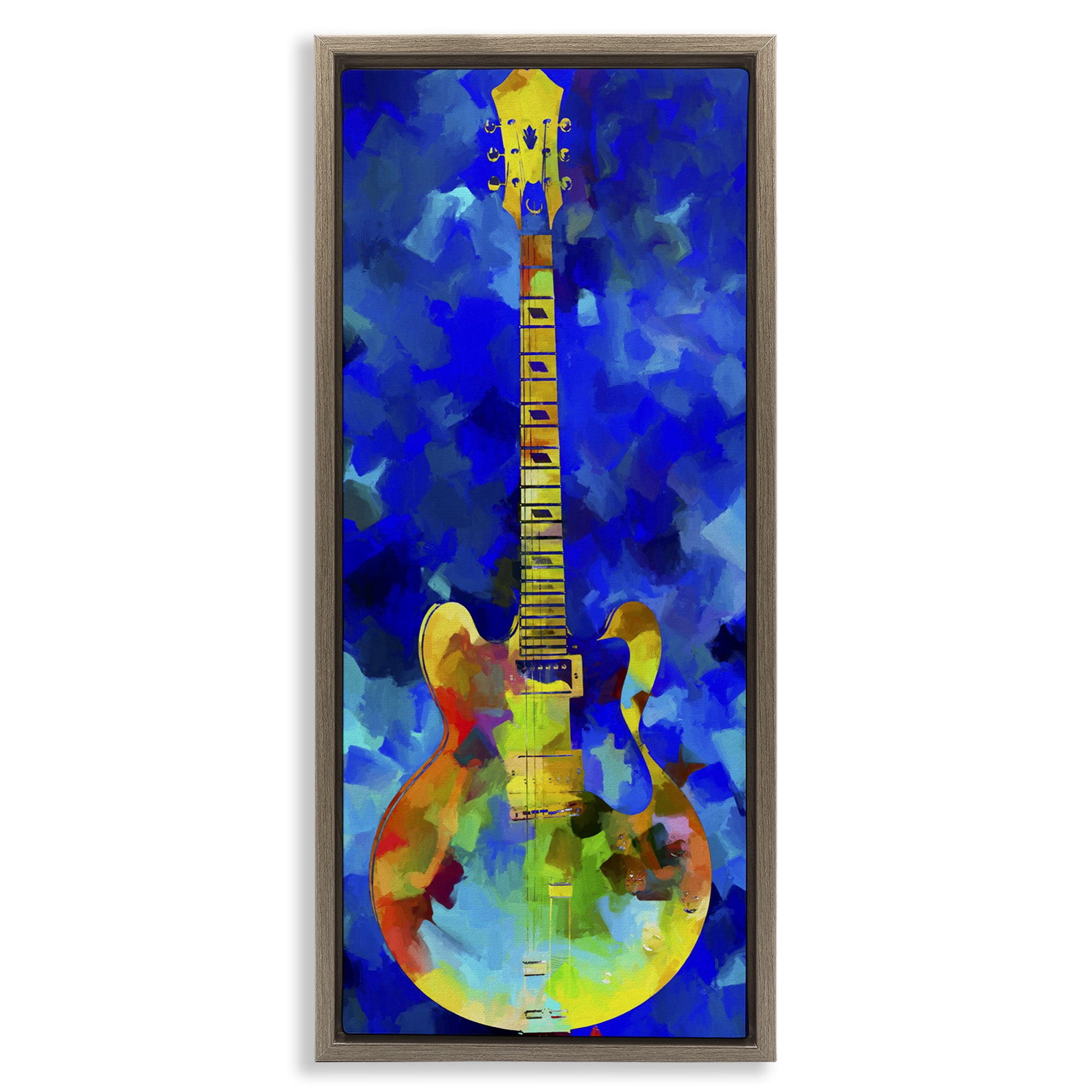 Stupell Industries Abstract Guitar on Blue Entertainment Painting Brown Floater Framed Canvas Art Print Wall Art, 11 x 25