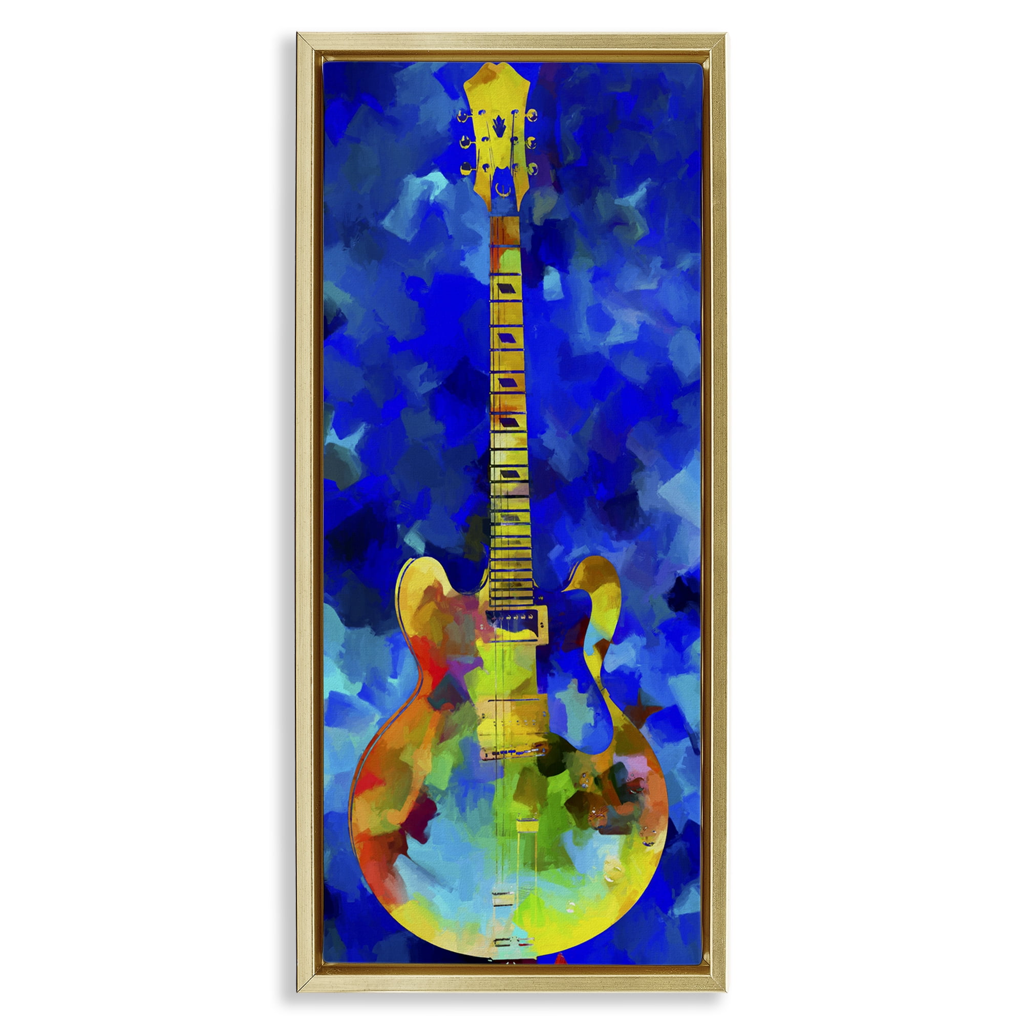 Stupell Industries Abstract Guitar on Blue Entertainment Painting Gold Floater Framed Canvas Art Print Wall Art, 14 x 31