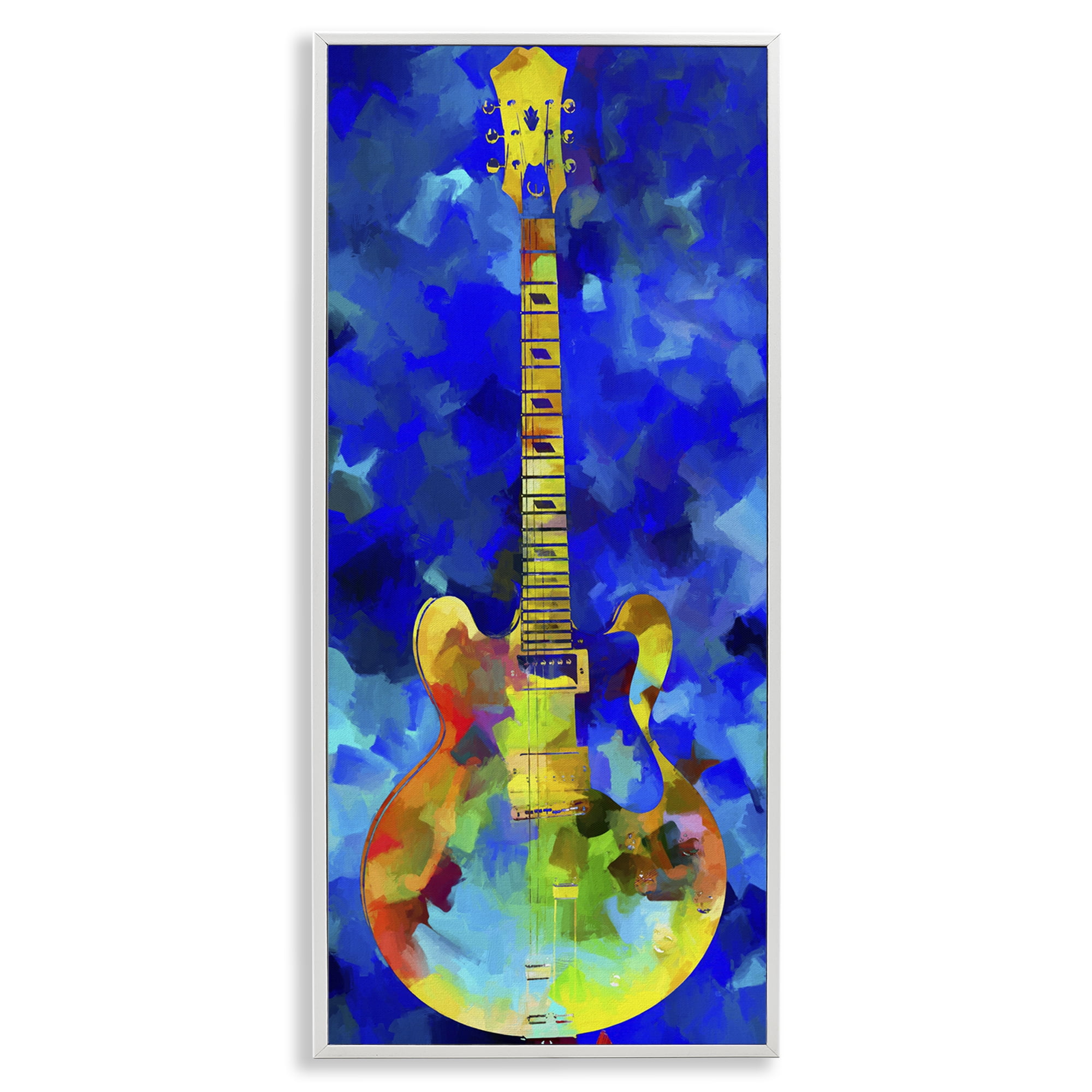 Stupell Industries Abstract Guitar on Blue Entertainment Painting White Framed Art Print Wall Art, 13 x 30