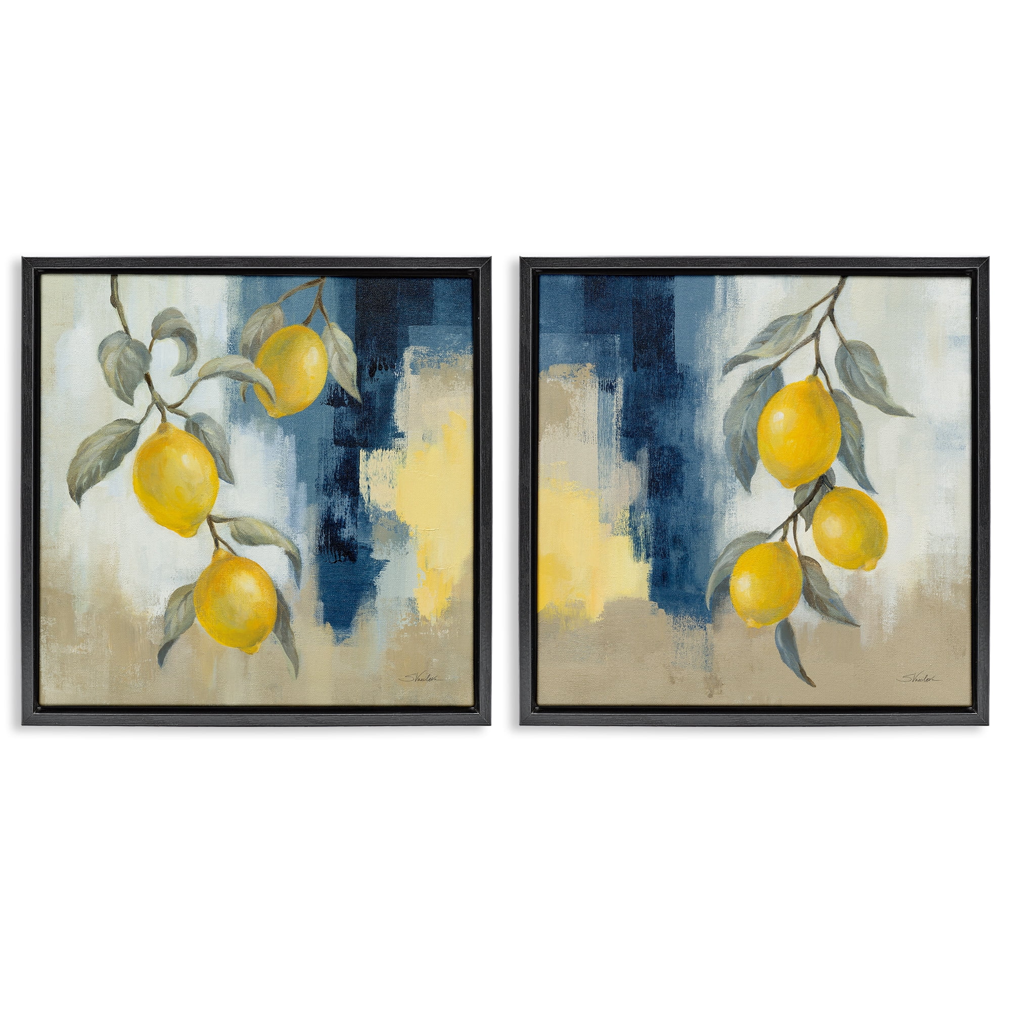 Stupell Industries Abstract Hanging Lemon Fruits Food & Beverage Painting Black Floater Framed Canvas Art Print Wall Art, 18 x 18, Set of 2