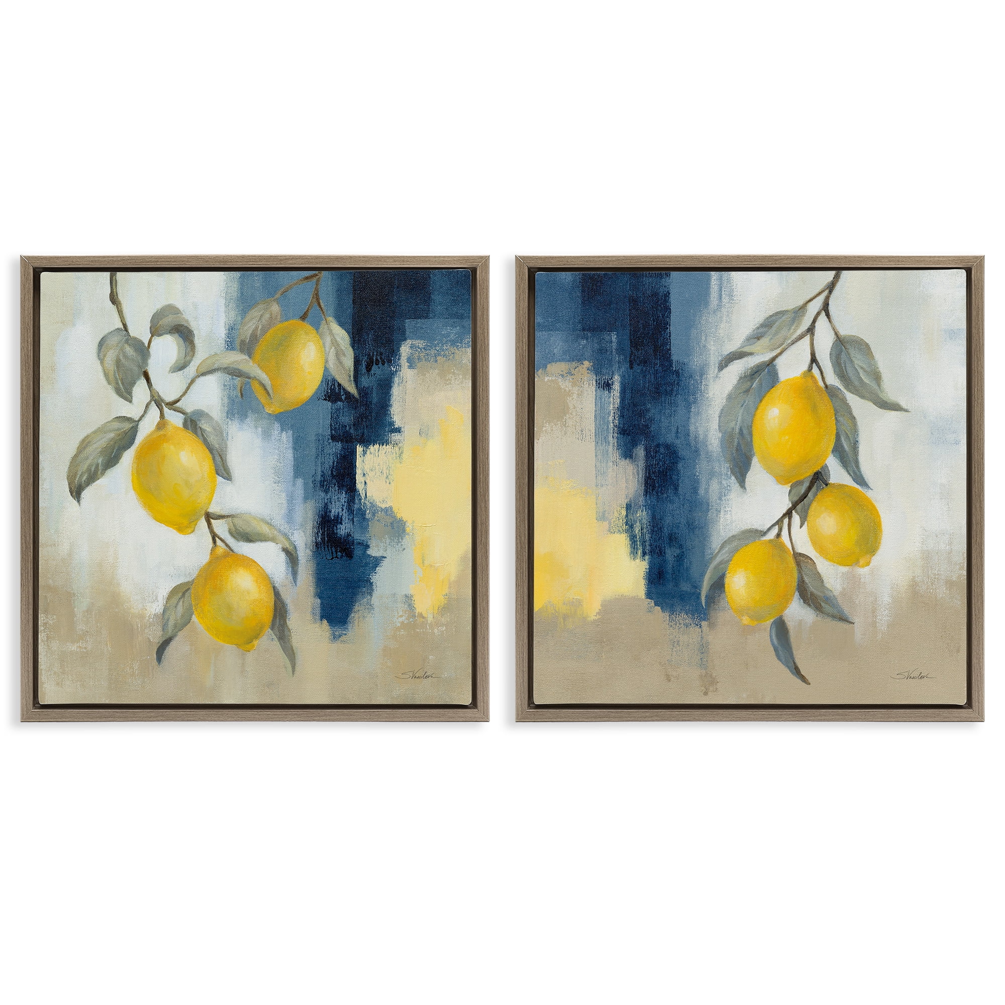 Stupell Industries Abstract Hanging Lemon Fruits Food & Beverage Painting Brown Floater Framed Canvas Art Print Wall Art, 18 x 18, Set of 2