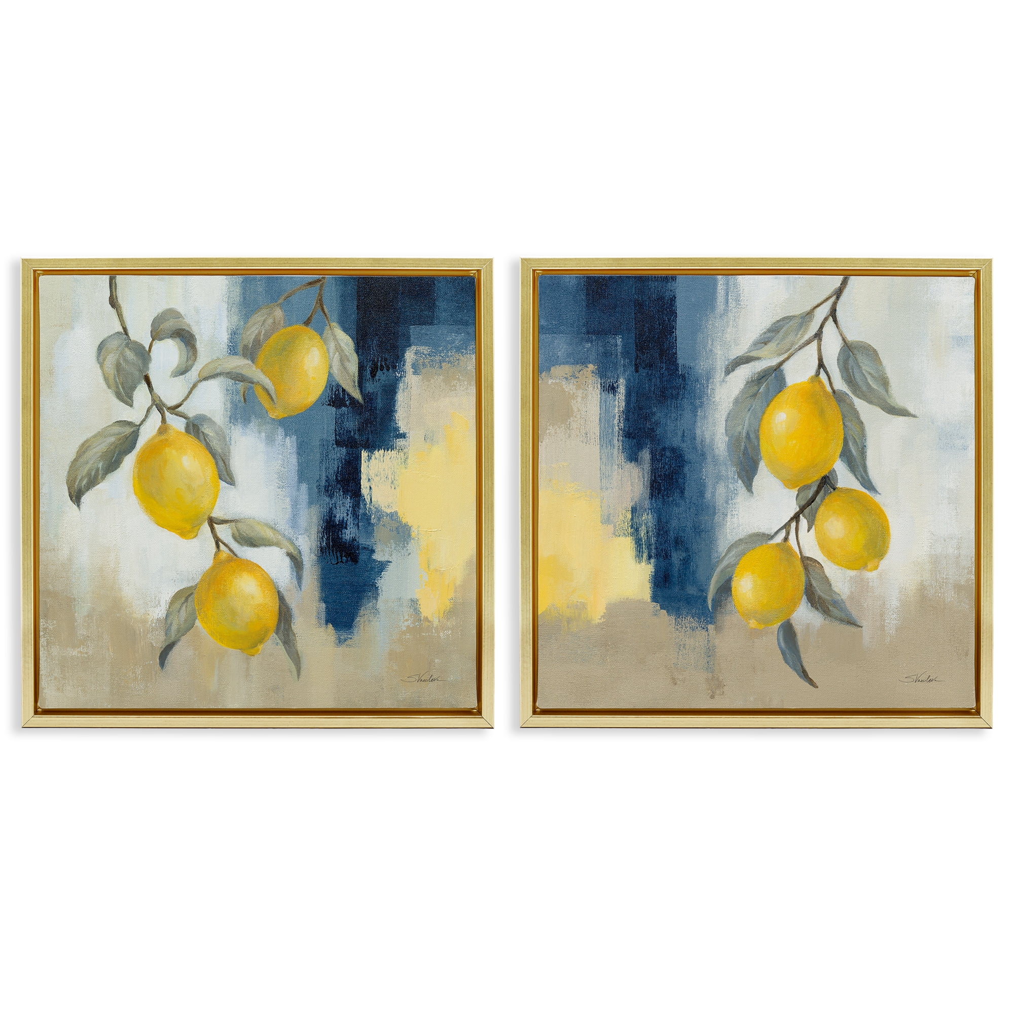 Stupell Industries Abstract Hanging Lemon Fruits Food & Beverage Painting Gold Floater Framed Canvas Art Print Wall Art, 25 x 25, Set of 2