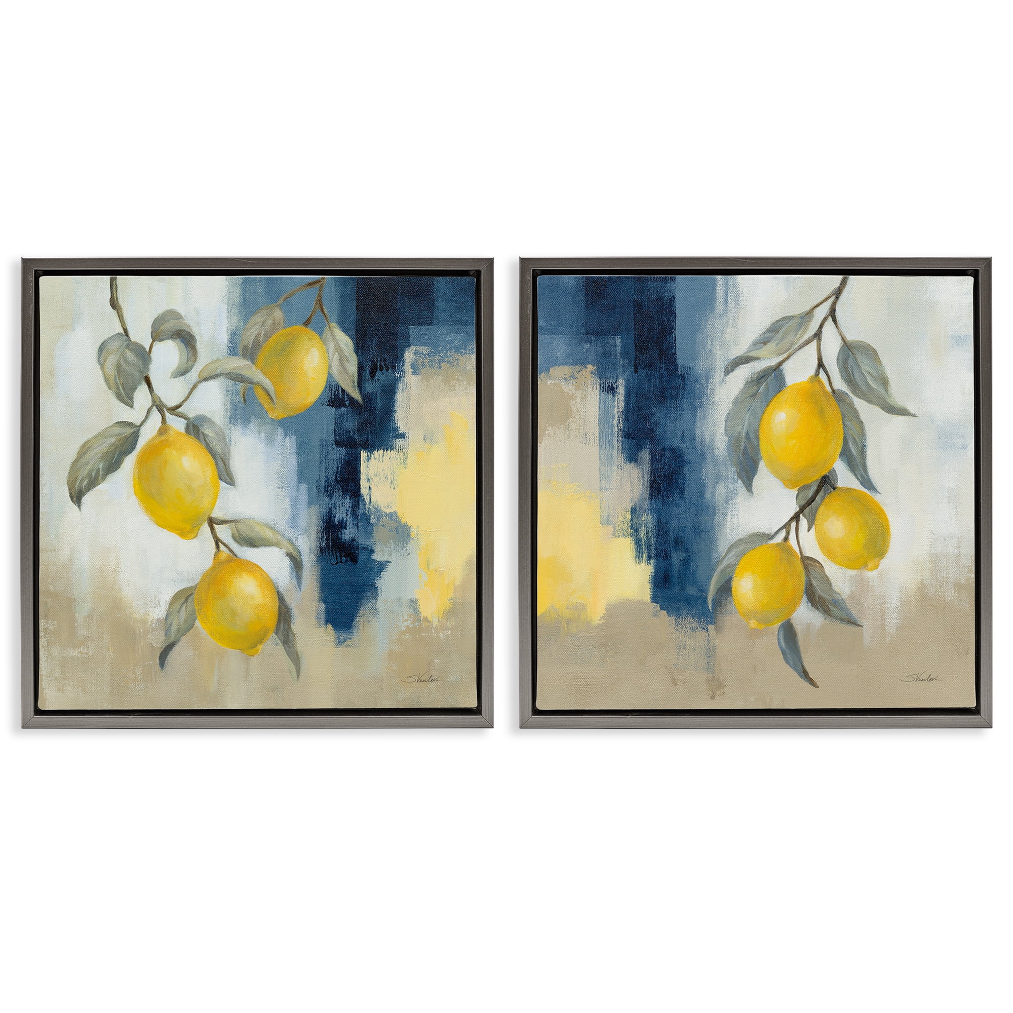 Stupell Industries Abstract Hanging Lemon Fruits Food & Beverage Painting Gray Floater Framed Canvas Art Print Wall Art, 25 x 25, Set of 2