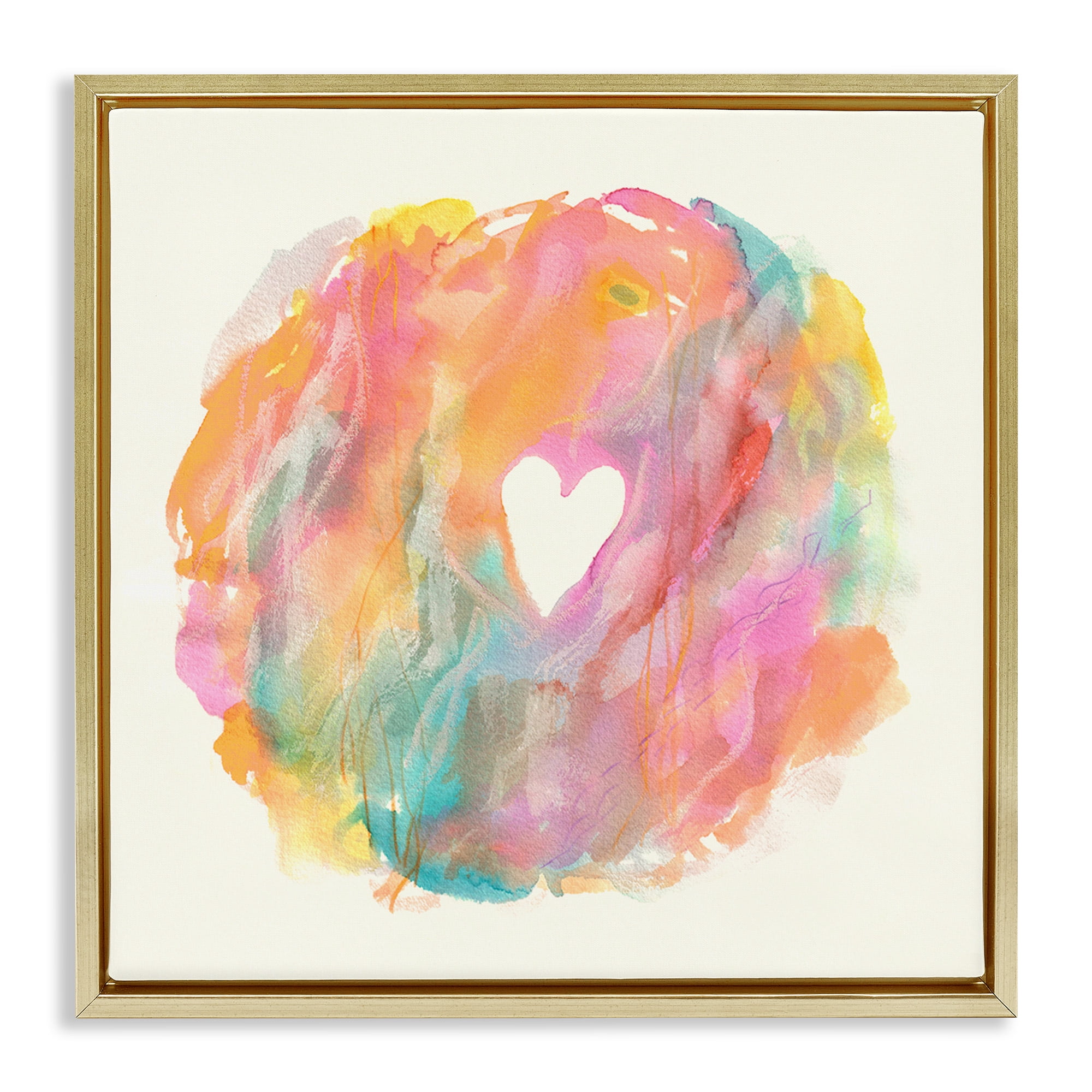 Stupell Industries Abstract Heart Fluid Mixed Pastels Abstract Painting Gold Floater Framed Canvas Art Print Wall Art, 18 x 18