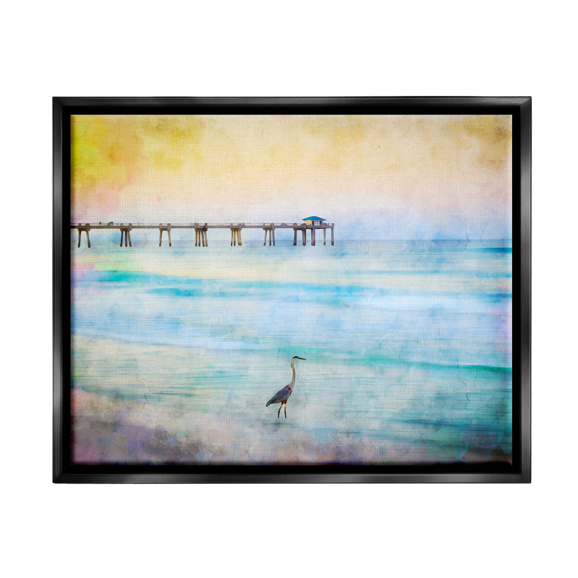 Stupell Industries Abstract Heron on Shore Animals & Insects Painting Black Floater Framed Canvas Art Print Wall Art, 21 x 17