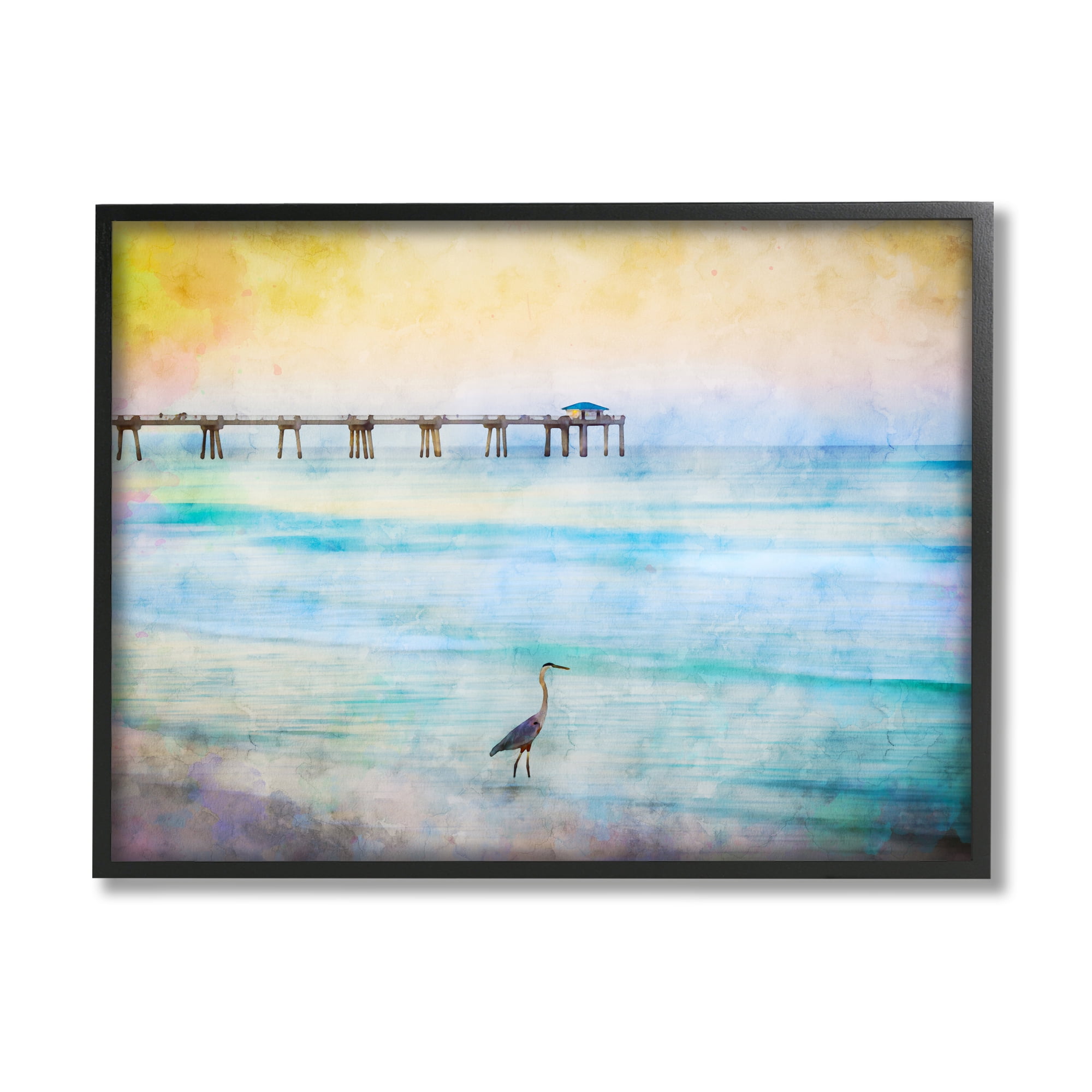Stupell Industries Abstract Heron on Shore Animals & Insects Painting Black Framed Art Print Wall Art, 30 x 24