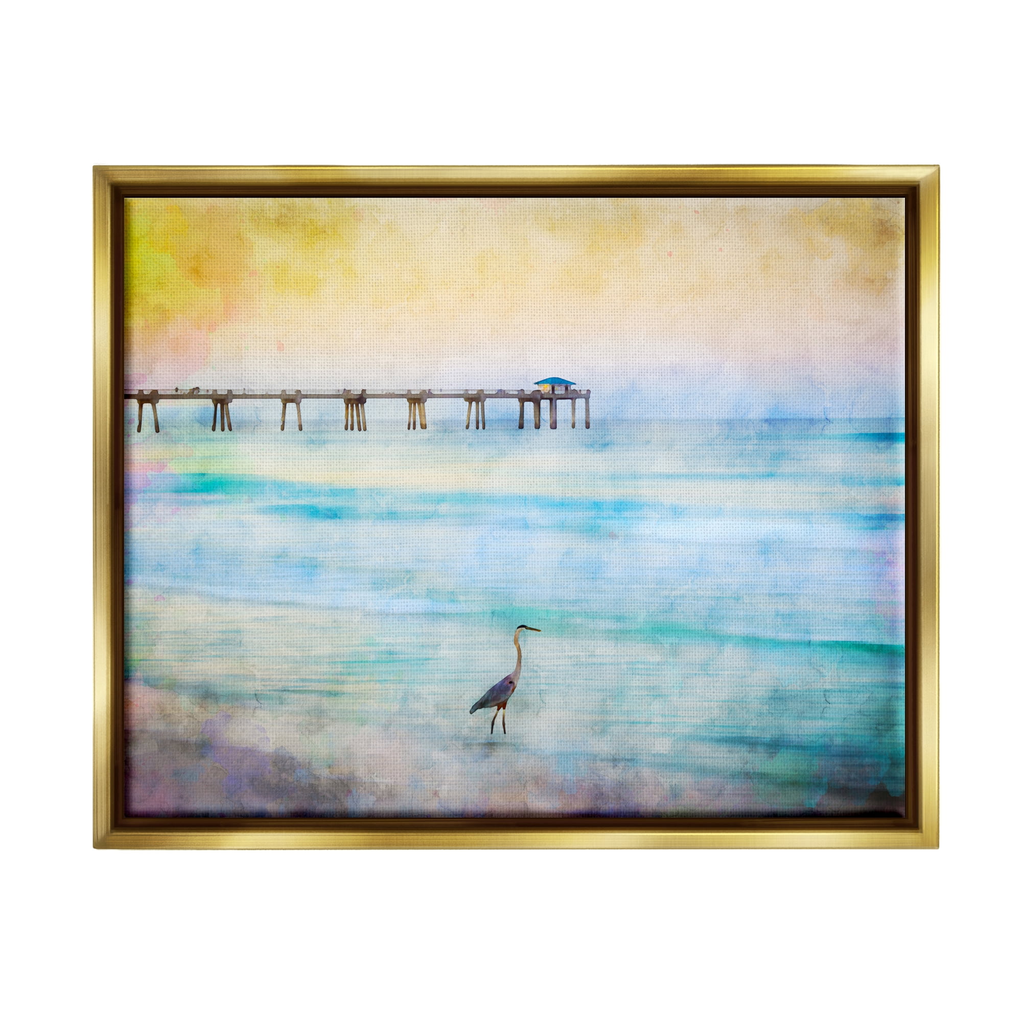 Stupell Industries Abstract Heron on Shore Animals & Insects Painting Gold Floater Framed Canvas Art Print Wall Art, 31 x 25