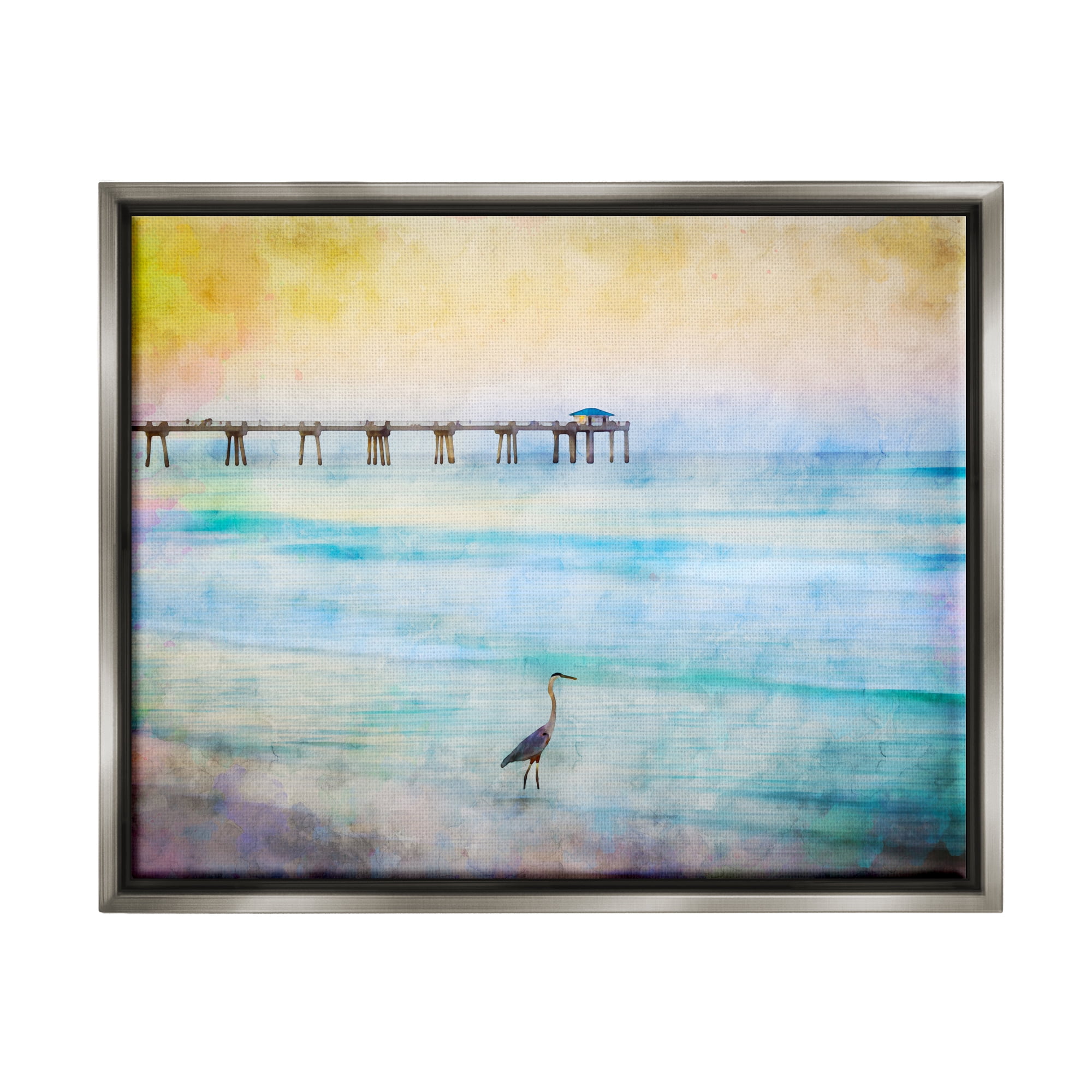 Stupell Industries Abstract Heron on Shore Animals & Insects Painting Gray Floater Framed Canvas Art Print Wall Art, 21 x 17