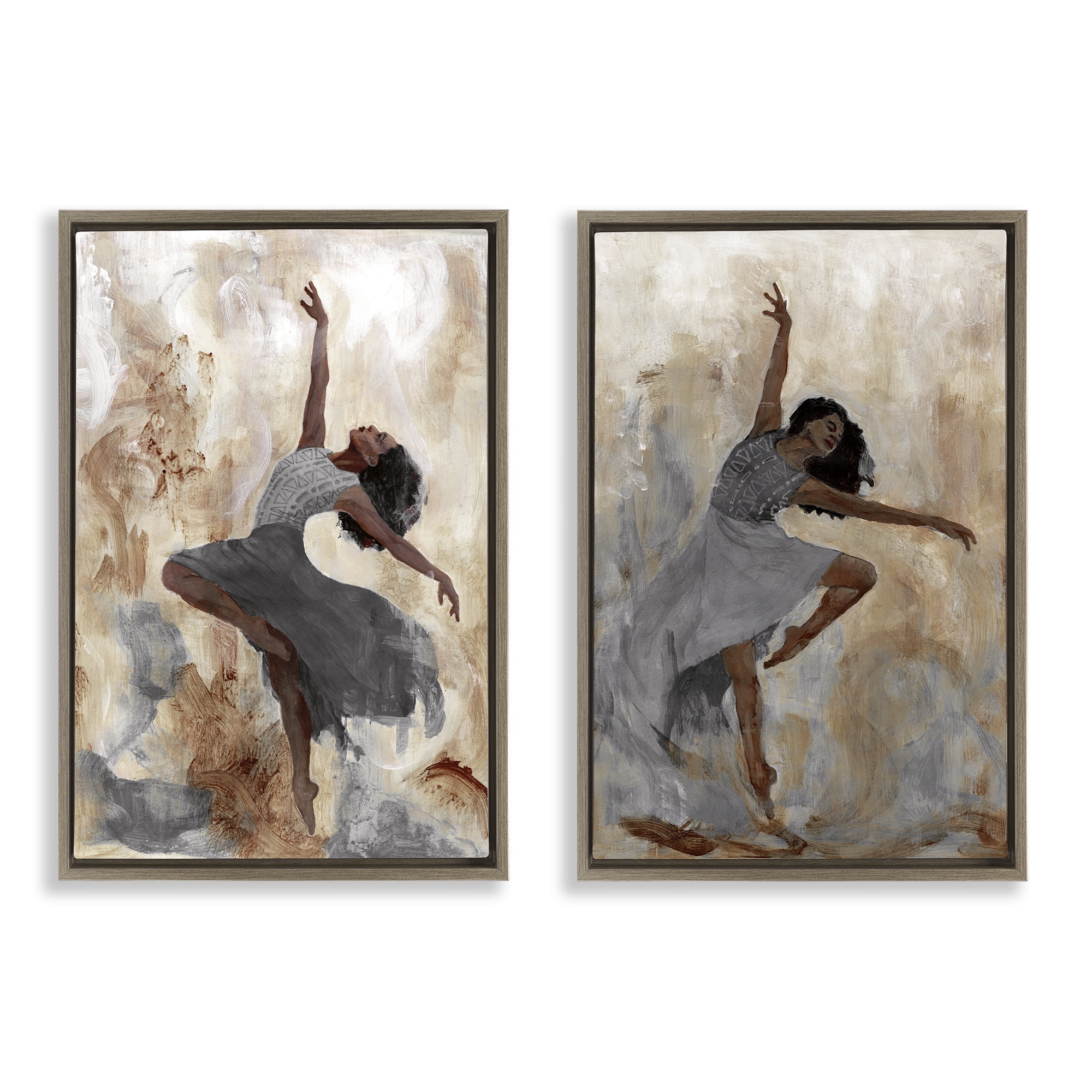 Stupell Industries Abstract Interpretive Dance Figure People Painting Brown Floater Framed Canvas Art Print Wall Art, 21 x 31, Set of 2
