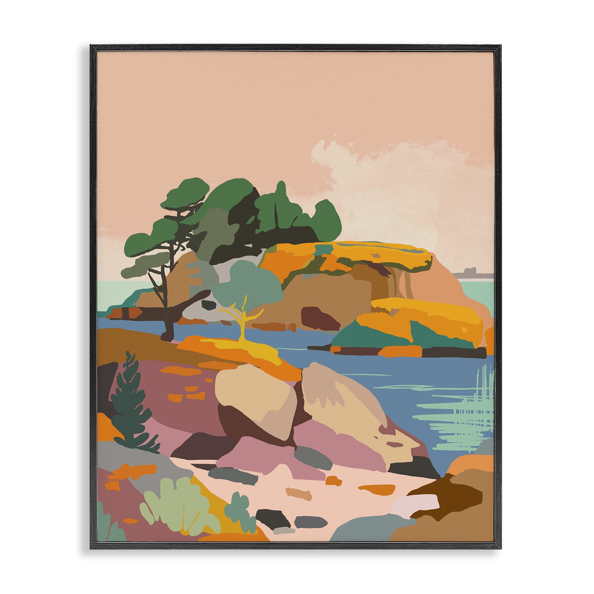 Stupell Industries Abstract Lake & Cliffs Landscape Painting Black Framed Art Print Wall Art, 11 x 14