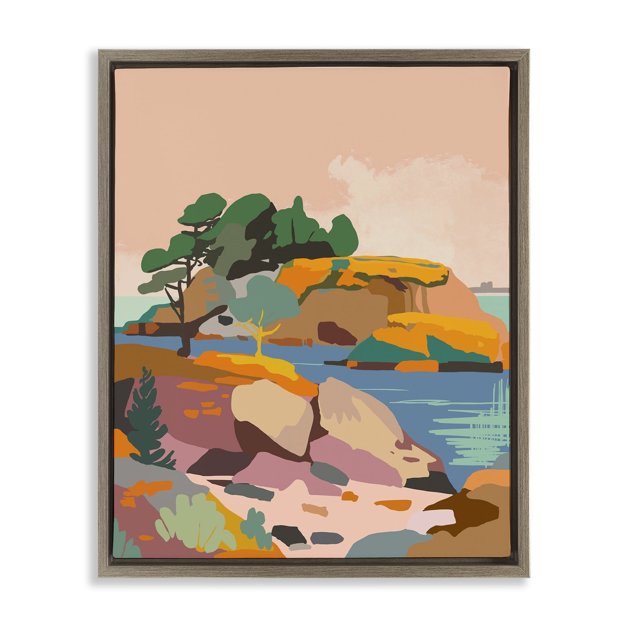 Stupell Industries Abstract Lake & Cliffs Landscape Painting Brown Floater Framed Art Print Wall Art, 25 x 31
