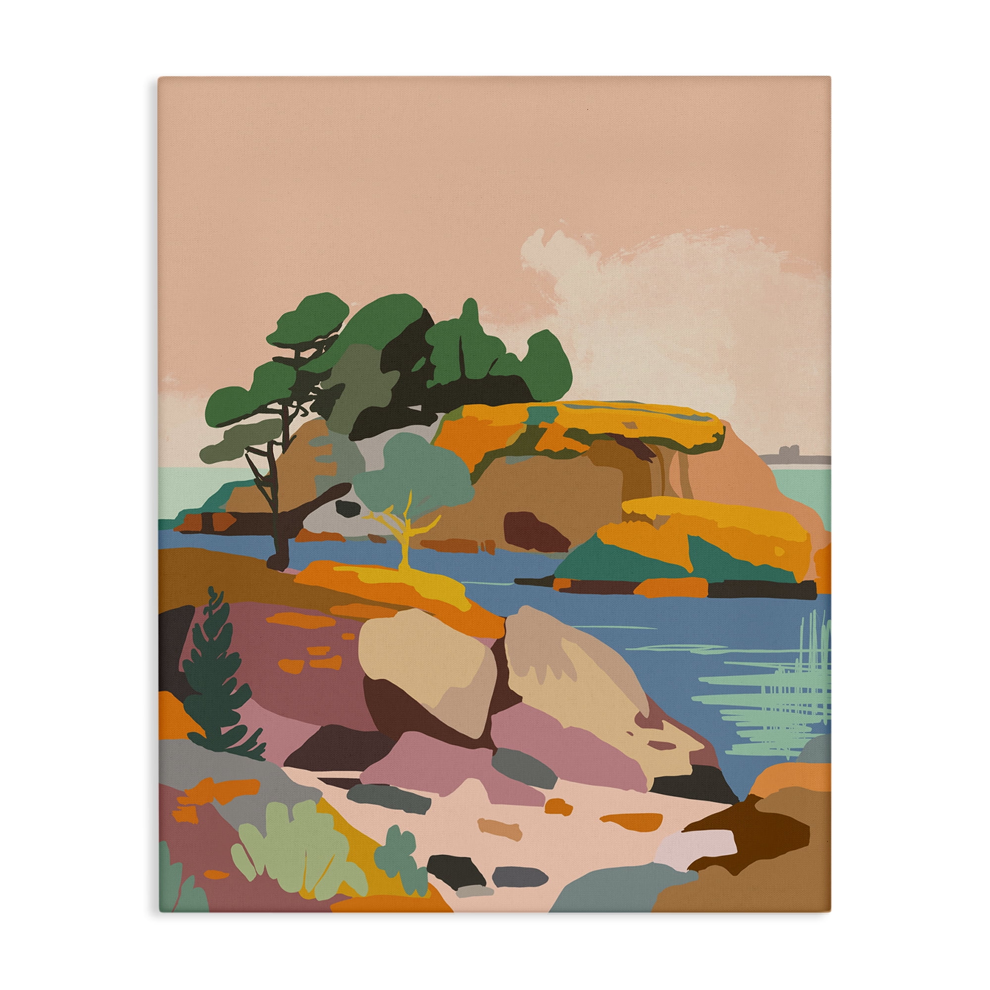 Stupell Industries Abstract Lake & Cliffs Landscape Painting Gallery Wrapped Canvas Art Print Wall Art, 36 x 48