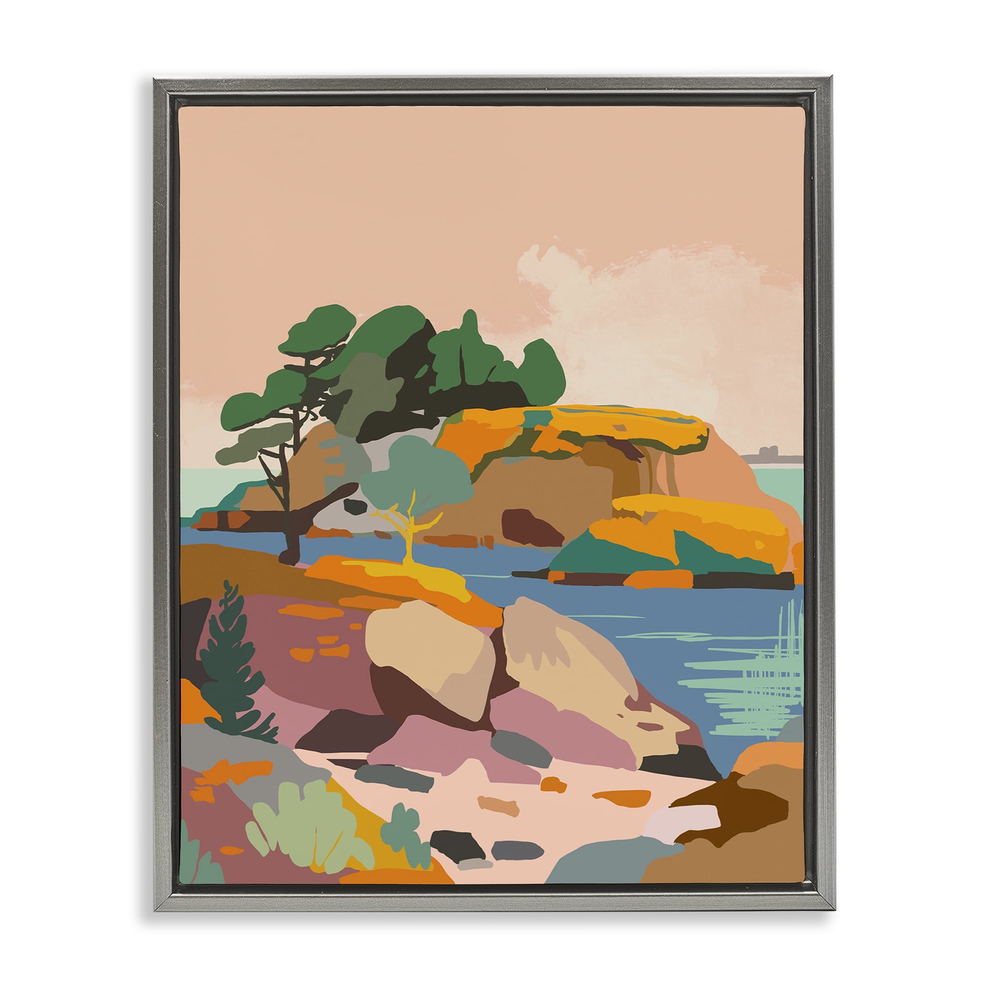 Stupell Industries Abstract Lake & Cliffs Landscape Painting Gray Floater Framed Art Print Wall Art, 25 x 31
