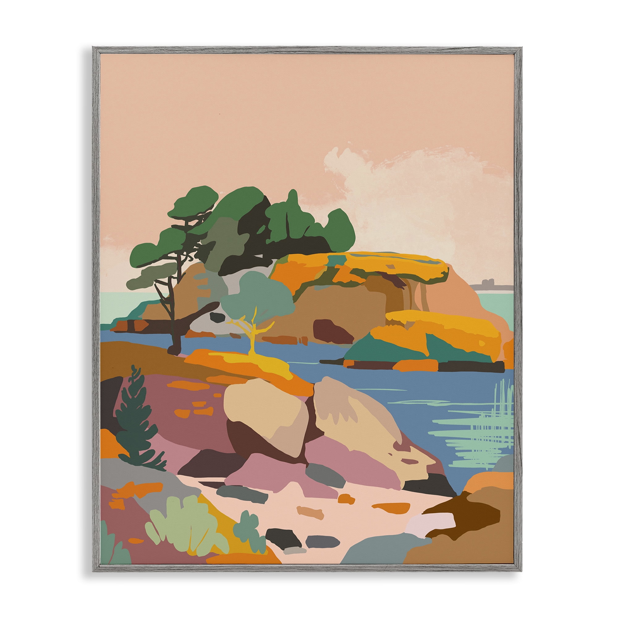 Stupell Industries Abstract Lake & Cliffs Landscape Painting Gray Framed Art Print Wall Art, 24 x 30