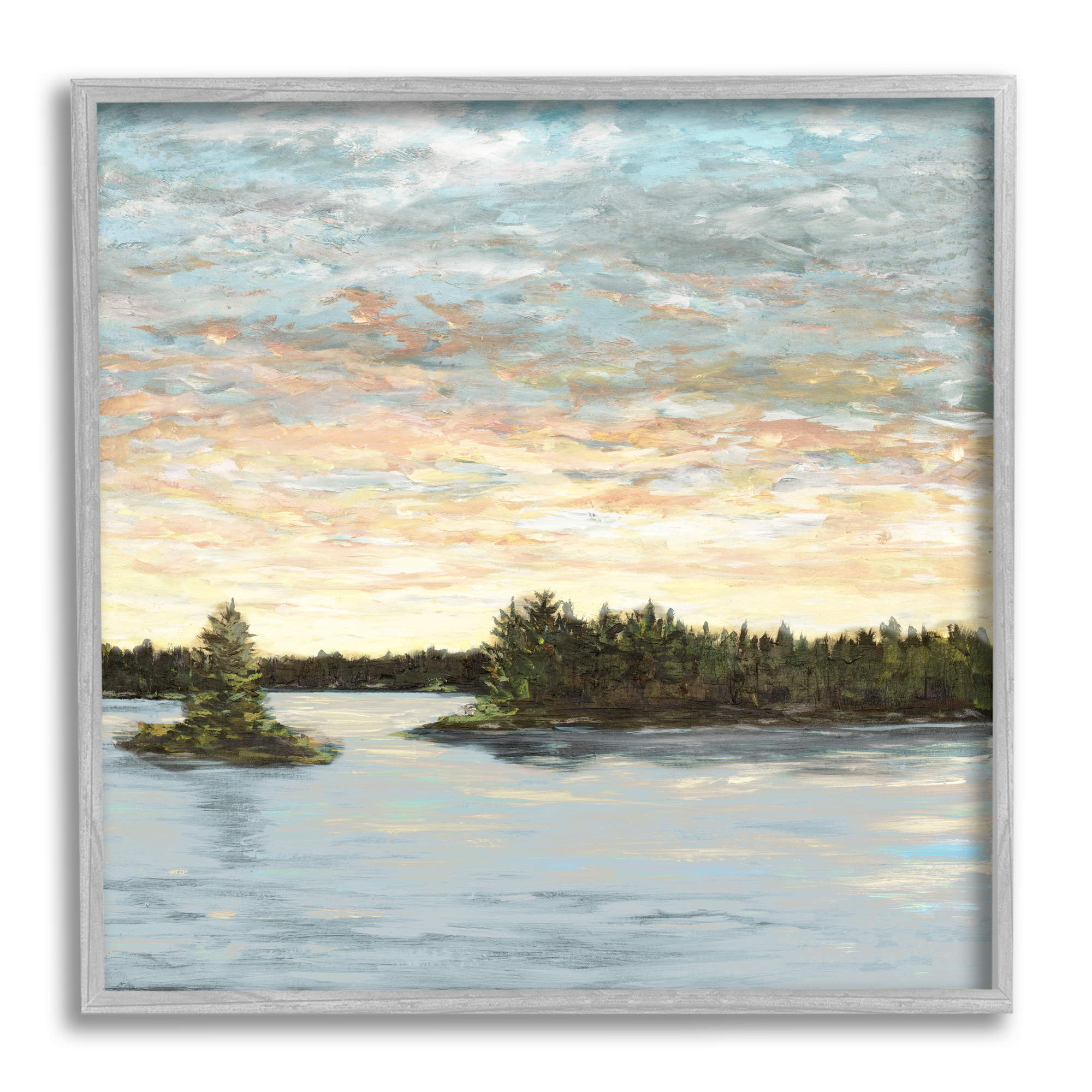 Stupell Industries Abstract Lake Islands Landscape Painting Gray Framed Art Print Wall Art, 24 x 24