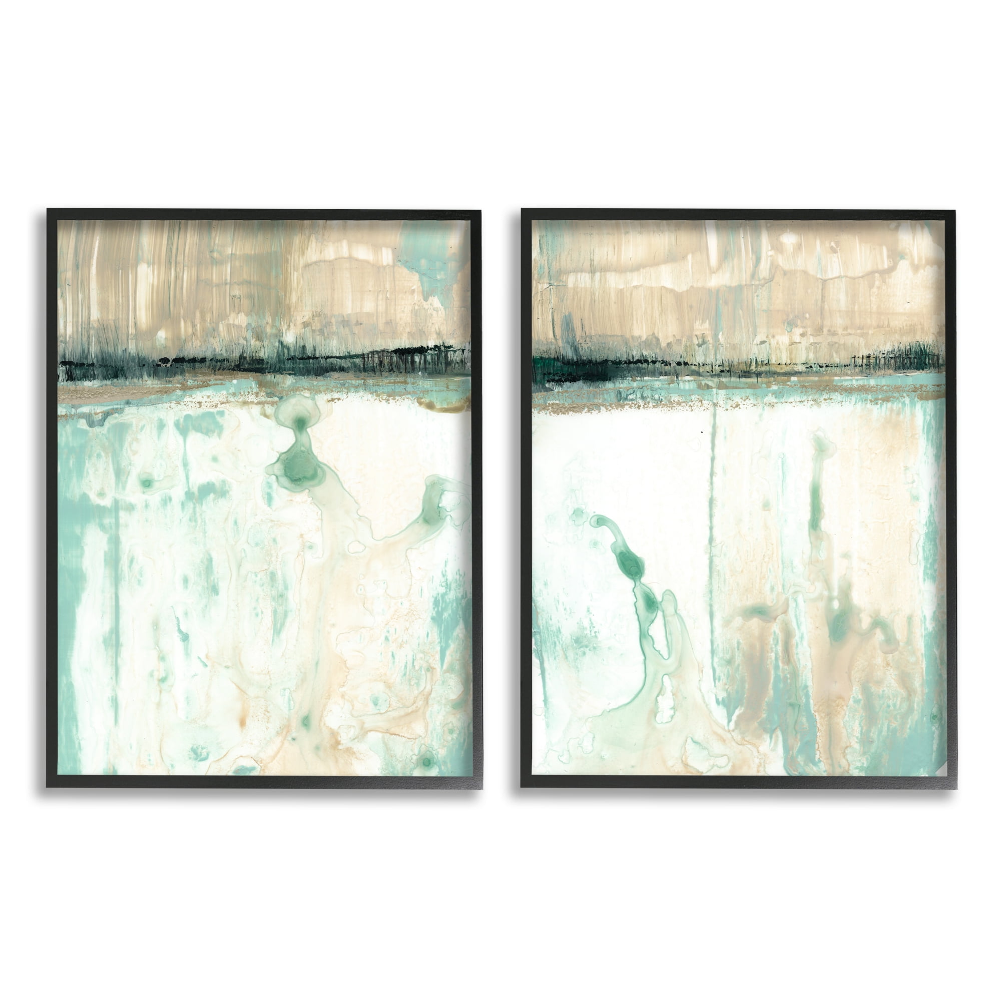 Abstract Lake Landscape Blue Green Canvas Print with Black Frame