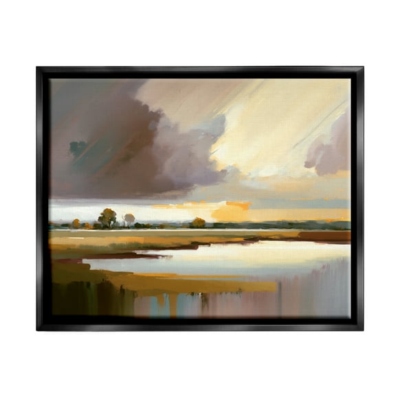 Stupell Industries Abstract Lake Painting Nature Painting Black Floater Framed Art Print Wall Art, 21 x 17