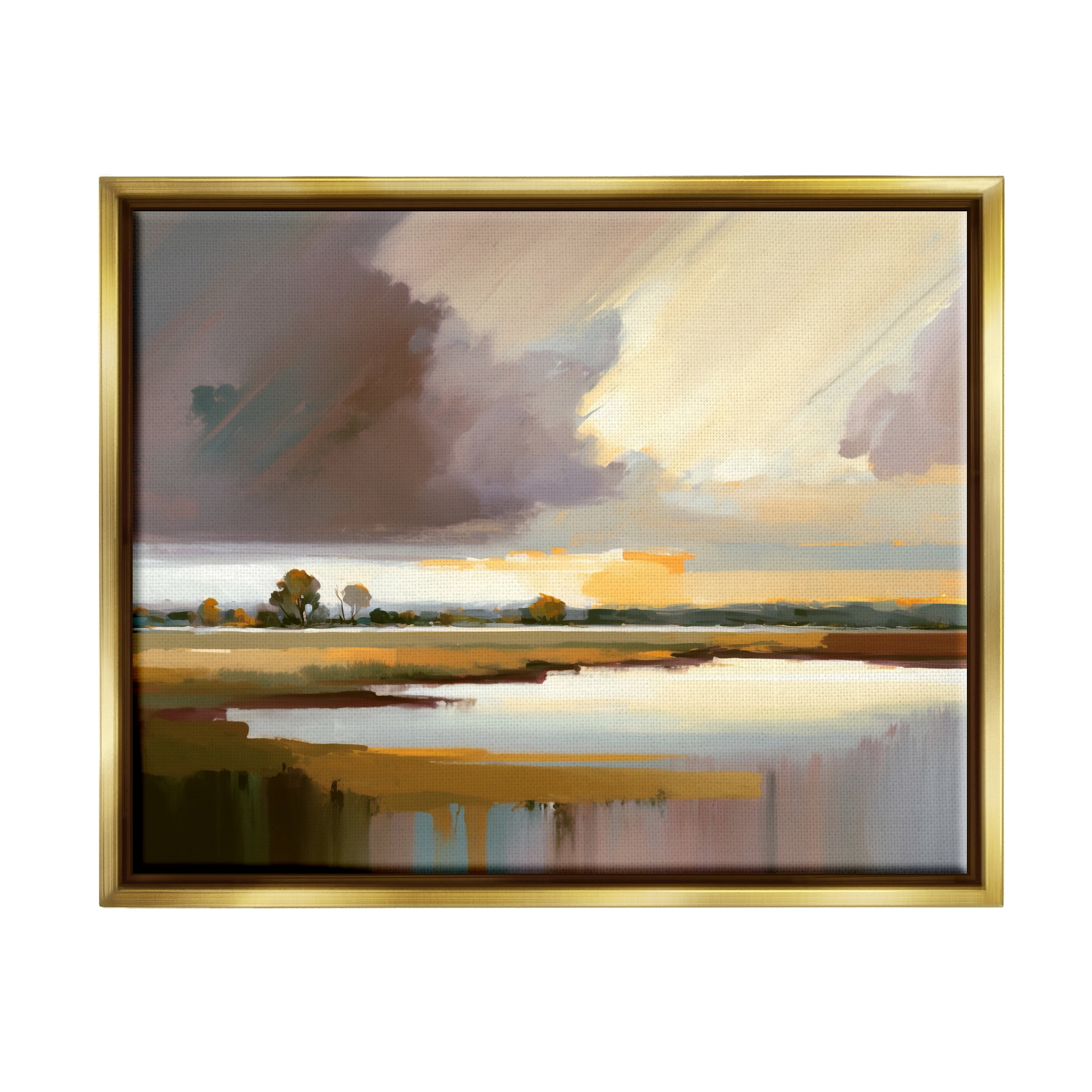 Stupell Industries Abstract Lake Painting Nature Painting Gold Floater Framed Art Print Wall Art, 31 x 25