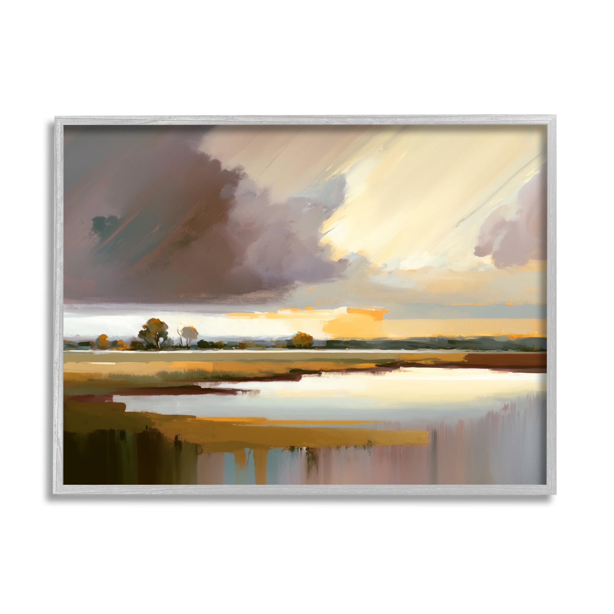 Stupell Industries Abstract Lake Painting Nature Painting Gray Framed Art Print Wall Art, 20 x 16