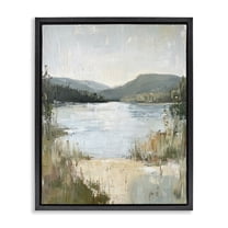 Stupell Industries Abstract Lake Shore & Mountains Landscape & Nature Painting Black Floater Framed Canvas Art Print Wall Art, 17 x 21